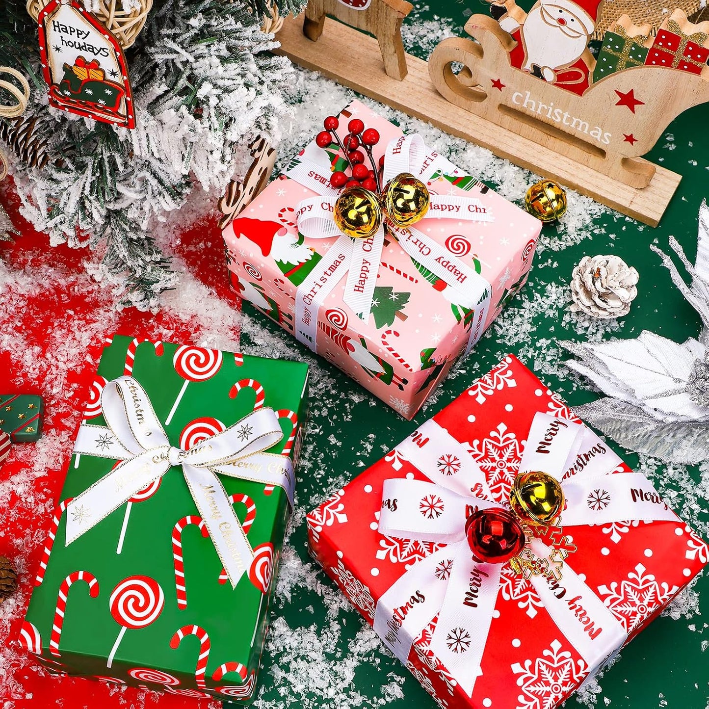 WRAPAHOLIC Christmas Wrapping Paper Roll - Jumbo 30 Inch Gnome Elf Holiday Collection | 4 Rolls, Red, Green, Pink