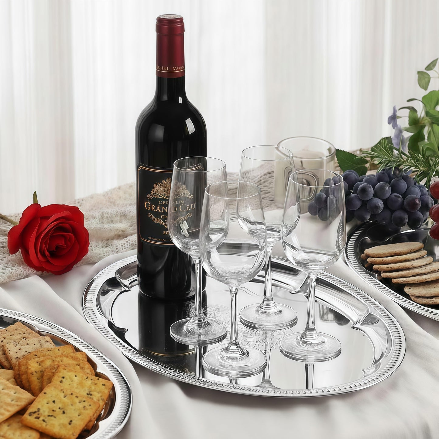 6-Pack Large Silver Serving Trays (16" x 12") – Oval Floral Engraved Serving Platters for Parties, Weddings, Birthdays, Festive Occasions – Mirror Trays for Appetizers, Charcuterie, Cookies, Desserts