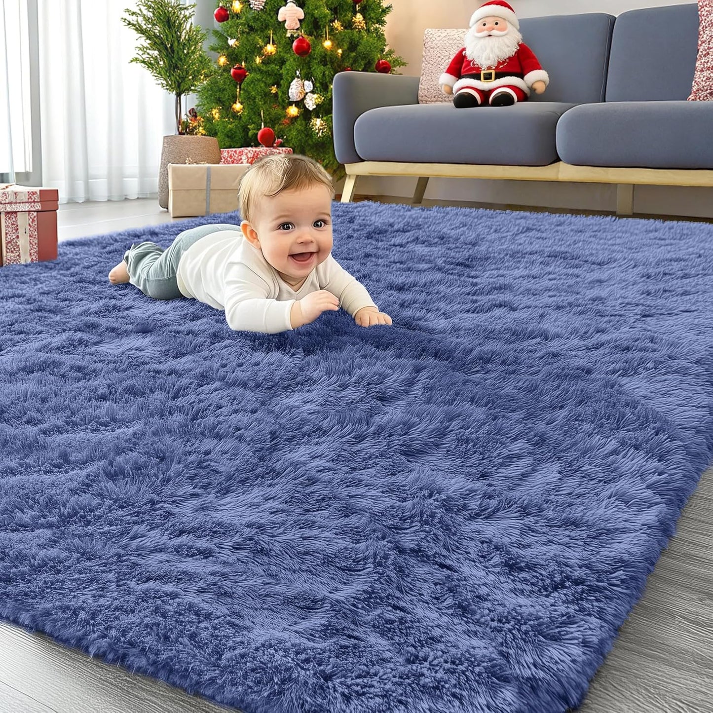 OLANLY Area Rugs - Soft Fluffy Shaggy Indoor Carpet for Living Room & Bedroom | 4x5.9 ft Denim Blue