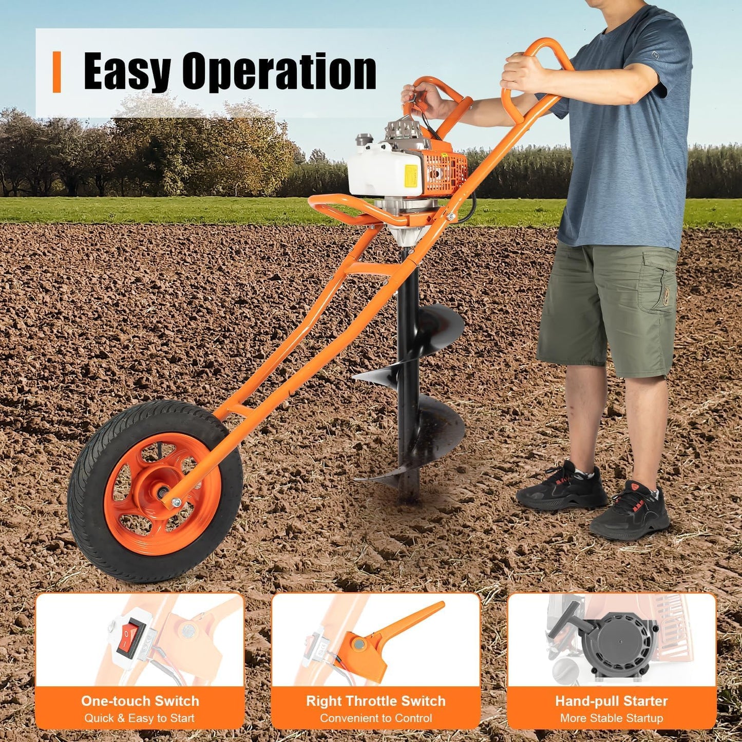 63CC 2 Stroke Post Hole Digger 3HP Gas Powered Earth Auger Borer Ground Drill Gasoline Earth Auger Wheelbarrow with 11" Bit, for Fence Ground Drill Garden Tree Planting (Orange)-[Arrives in two boxes]