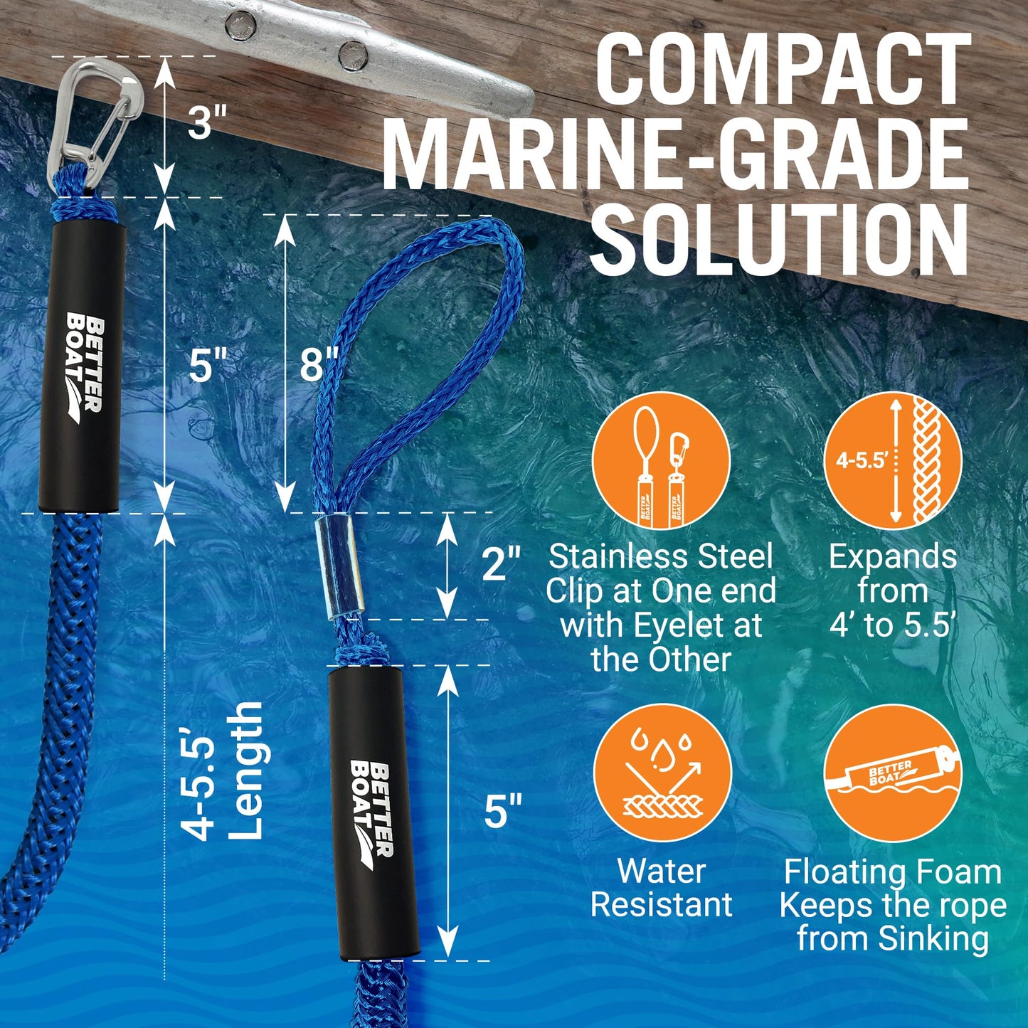 Better Boat Blue Marine Grade Bungee Dock Lines, 2 Pieces, Stainless Steel, 4ft-5.5ft, Elastic Cords & S-Hooks
