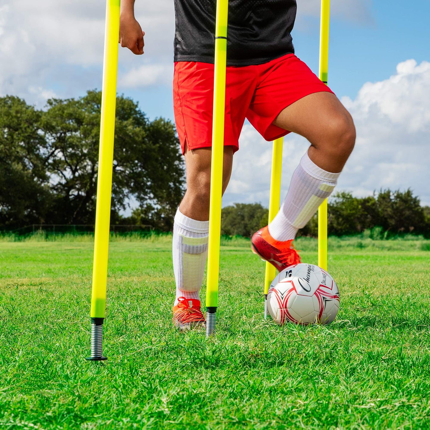 Champion Sports Outdoor Sports Agility Pole Set, 4 Rubber Bases with 12 PVC Poles, 66 Inches, Yellow