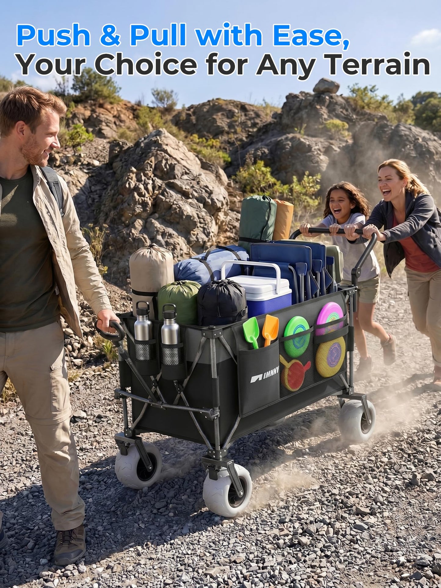 Aimnny 400L Push Pull Beach Wagon, Heavy-Duty Dual-Mode Cart with 9"x4" All-Terrain Wheels & Brakes, Adjustable Handles Collapsible Wagon for Beach,Camping,Grocery & Garden (Black)