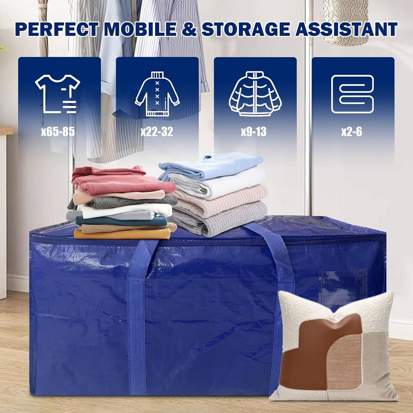 Skiennix Extra Heavy Duty Large Moving Bags - Strong Zipper & Handles | 33 Gallon, Dark Blue, 8 Pack