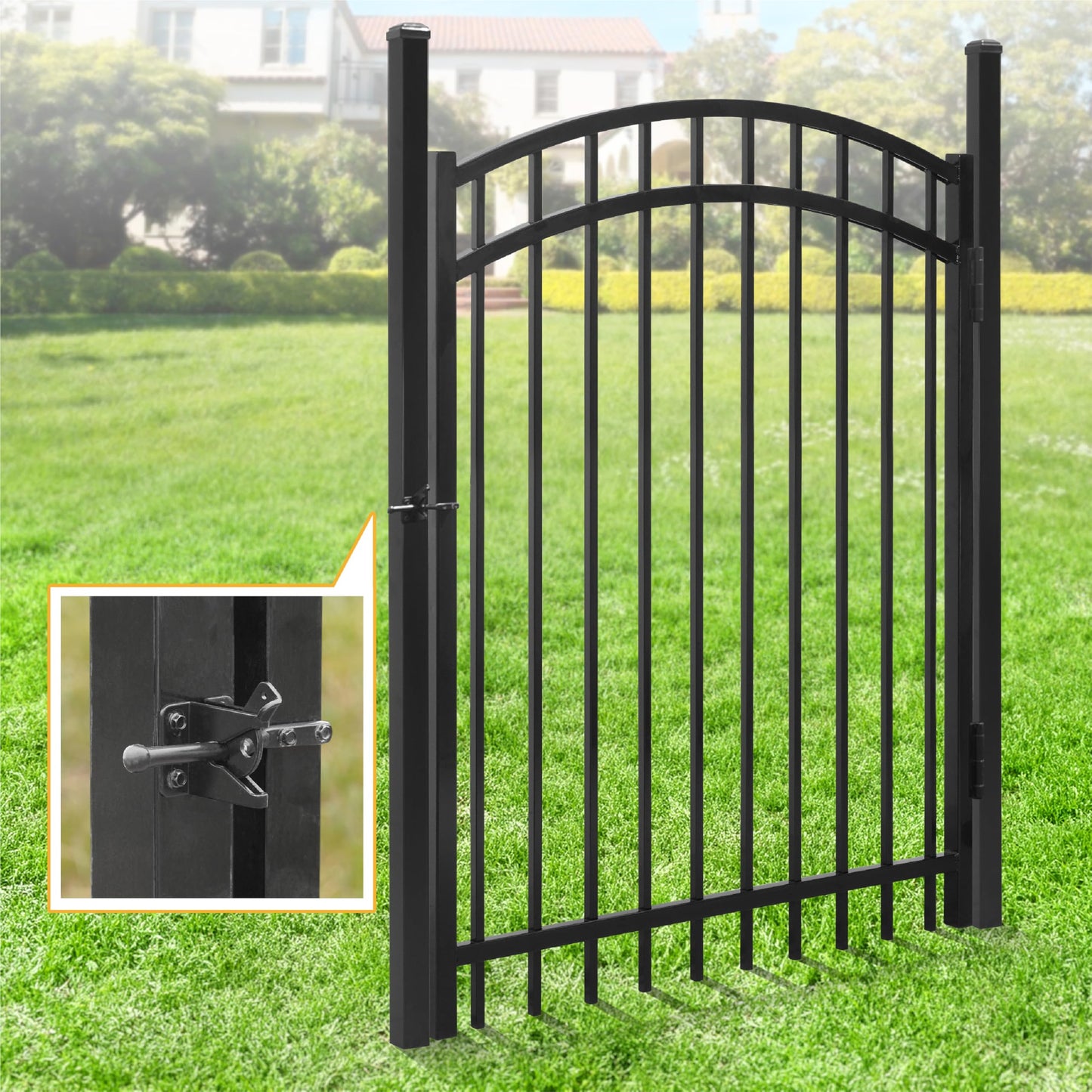 Fencer Wire 76FT Heavy Duty Pinnacle Fence Barrier Kit, Anti-Rust Metal Steel Fence with 5FT Height X 6FT Width Panels, with Arched Gate, Posts, Connectors, Outdoor Fencing for Yard