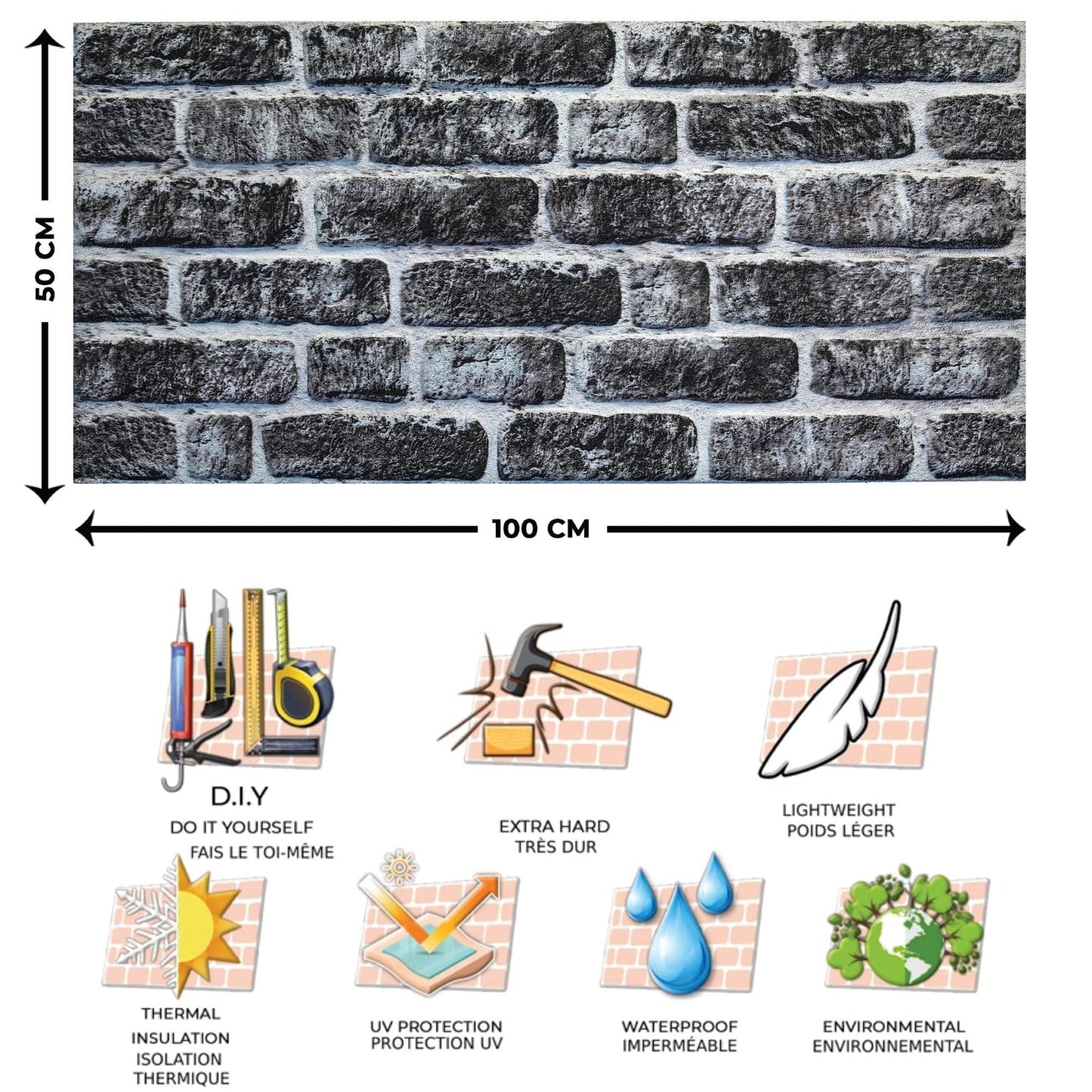 Dundee Deco 3D Wall Panels Faux Brick - Cladding, Charcoal White Stone Look Wall Paneling, Styrofoam Facing for Living Room, Kitchen, Bathroom, Balcony, Bedroom, Set of 10, Covers 54 sq ft