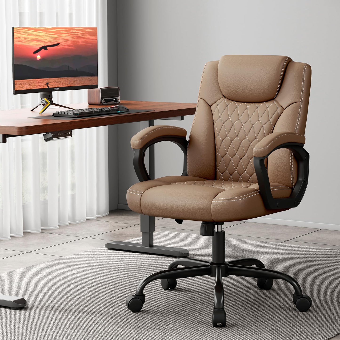 Misolant Office Chair, Executive Desk Chair, PU Leather Comfortable Ergonomic Chairs with Fixed Armrest, Adjustable Height, Rocking Function, 360° Swivel Wheels, Brown