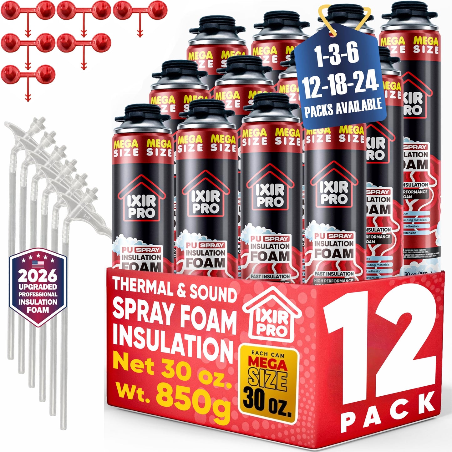 Spray Foam Insulation Can (12 x 30 oz) Expanding Sealant, Mega Size Closed Cell Spray Foam Insulation, High Density, Walls Ceiling Windows Doors