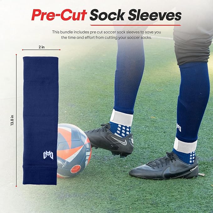 Soccer Grip Socks, Shin Guards, Pre Cut Sock Sleeves, and Guard Straps Bundle Pack - Essential Equipment for Soccer Players - for Mens, Women, Youth, Size 7 to 12 US Men Shoe Size