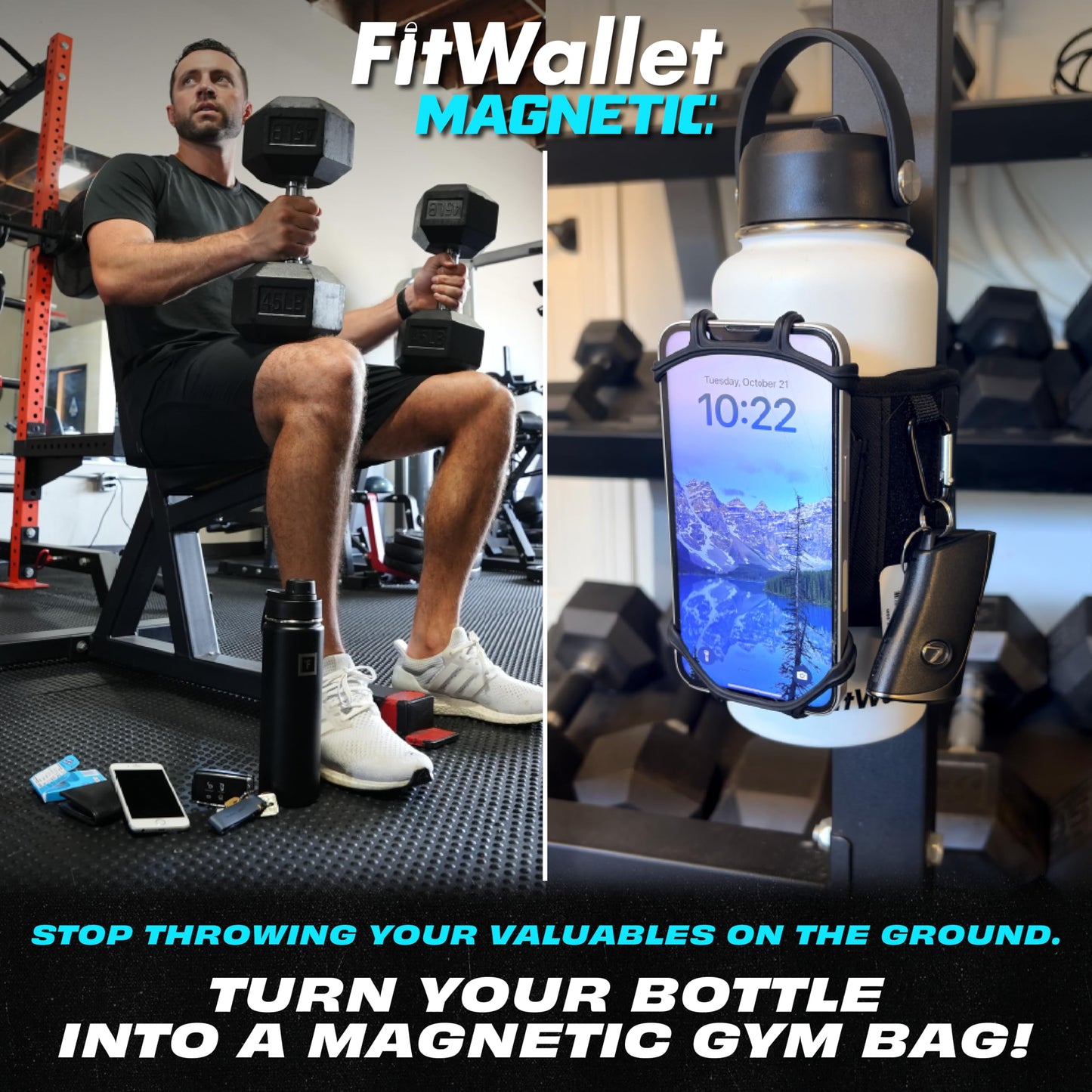 FitWallet Magnetic Gym Water Bottle Bag & Phone Holder – Hands-Free Sleeve Pouch for Stanley, Hydro Flask & YETI – Detachable Smartphone Case for Workout