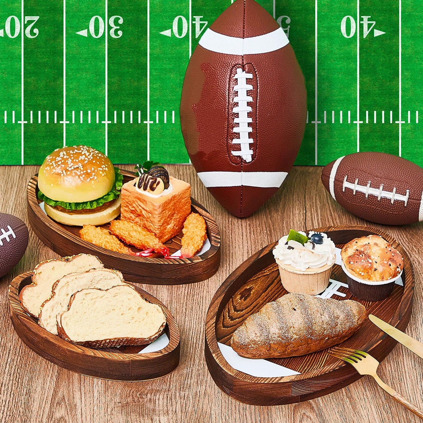 Geetery 3 Pcs Football Serving Trays and Platters Wooden Shaped Football Plates Soccer Serveware Tailgate Party Serving Platter for Game Party Decorations, 13'', 11'', 8.7''