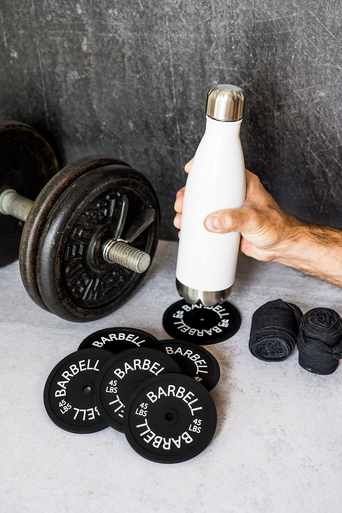 Barbell Bumper Plate Drink Coasters Set of 6, Round Black Silicone Coasters for Coffee Table, Absorbent Coaster for Drinks, Fitness Gym Gifts for Men & Women, Weightlifting Coaster Gym Accessories