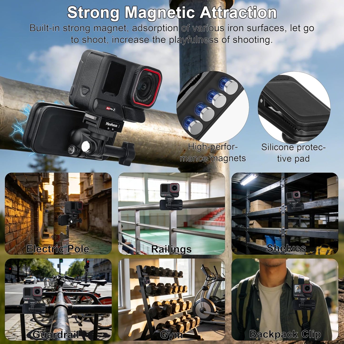 MINIFOCUS Backpack 360 Insta360 Magnetic Mount Clip, Universal Swivel Action Camera Clip for Go Pro DJI Osmo AKASO