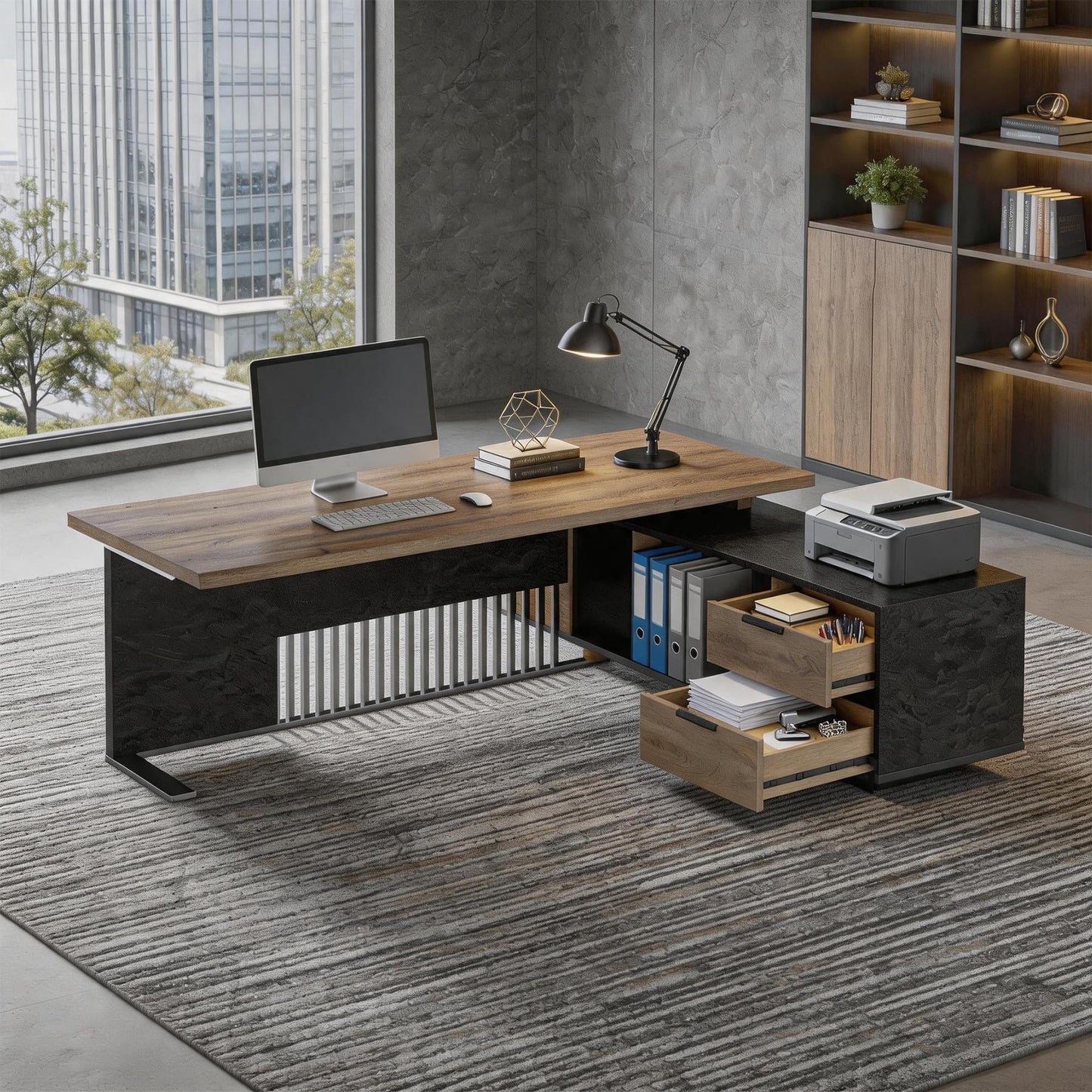 SAINTCY L-Shaped Executive Desk, Industrial Office Desk with Drawer & Cabinet, Large Wood Desktop, Unique Stainless Steel Privacy Screen (Right Return, 70.86")