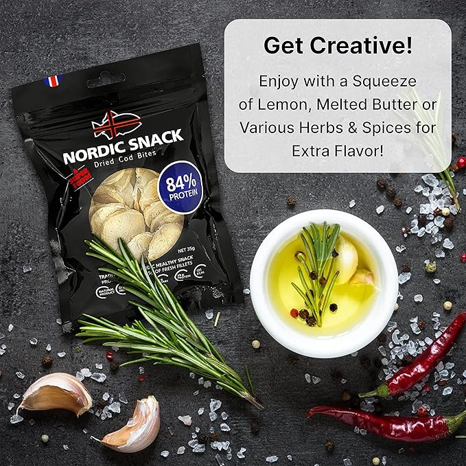 Nordic Catch Freeze Dried Cod Bites Seafood Snacks - Chips made from Wild Caught Icelandic Cod Fish - Healthy Snack, Rich in Omega 3 Fatty Acids, Protein Packed Fish Jerky for Humans, Keto Friendly Dry Fish - 35g Resealable Bag - 3 Pack