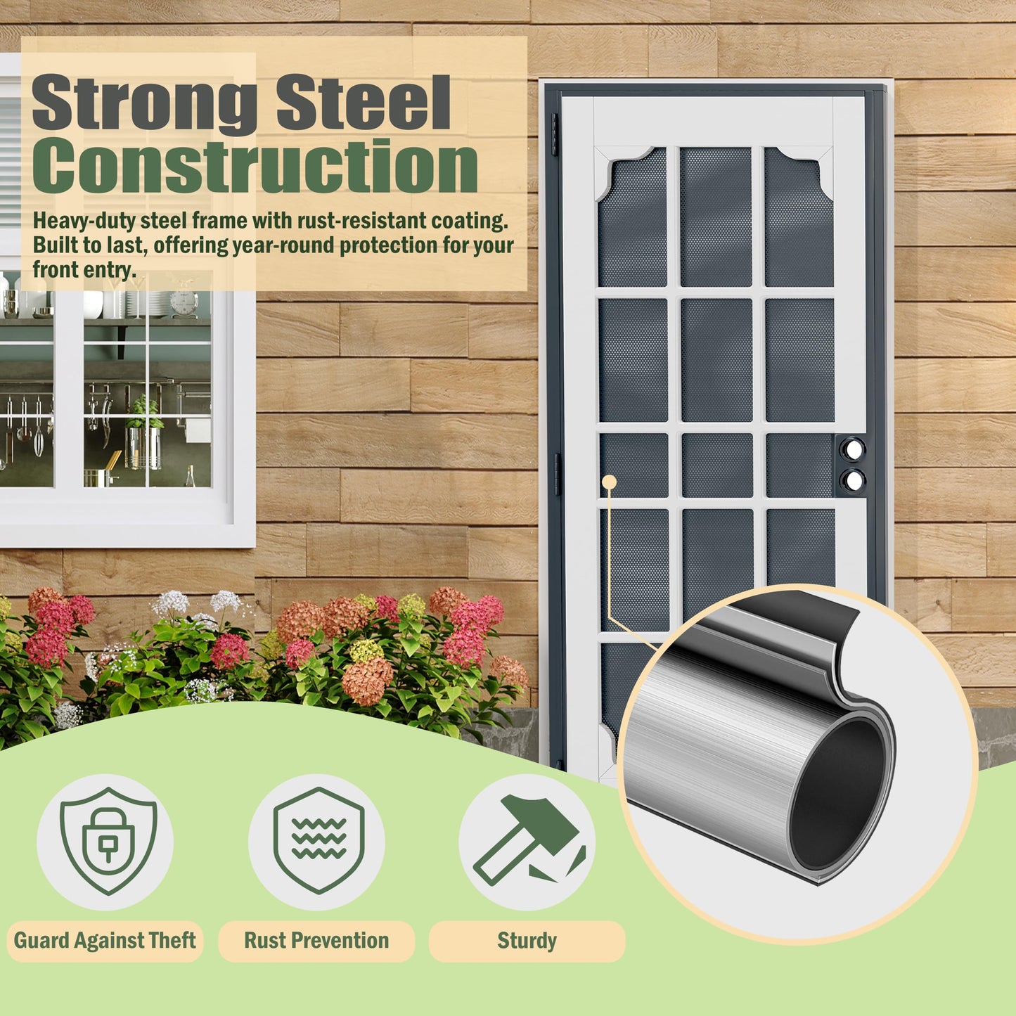 Lakenyon Steel Security Door, 32" x 80" Screen-Style Exterior Door, Electrophoretic E-Coated Steel & White Pine Wood Construction, Non-Handed, Bronze