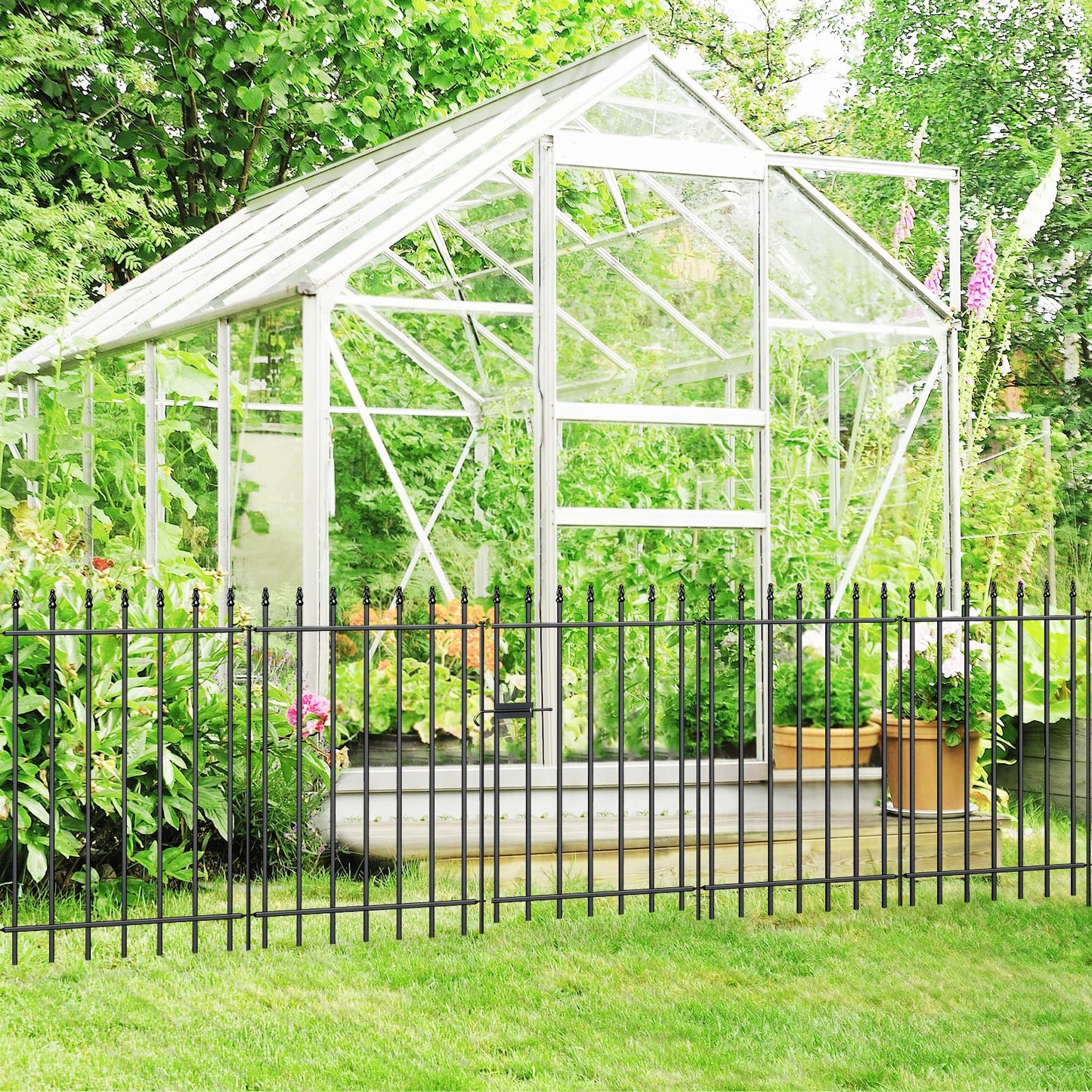 FOREHOGAR Metal Garden Fence with Gate 36 in H x 10 ft L, 1 Gate + 4 Panels Border Fence Panels Animal Barrier for Dogs, No Dig Garden Fencing for Yard Patio Flower Bed Lawn Outdoor, Black