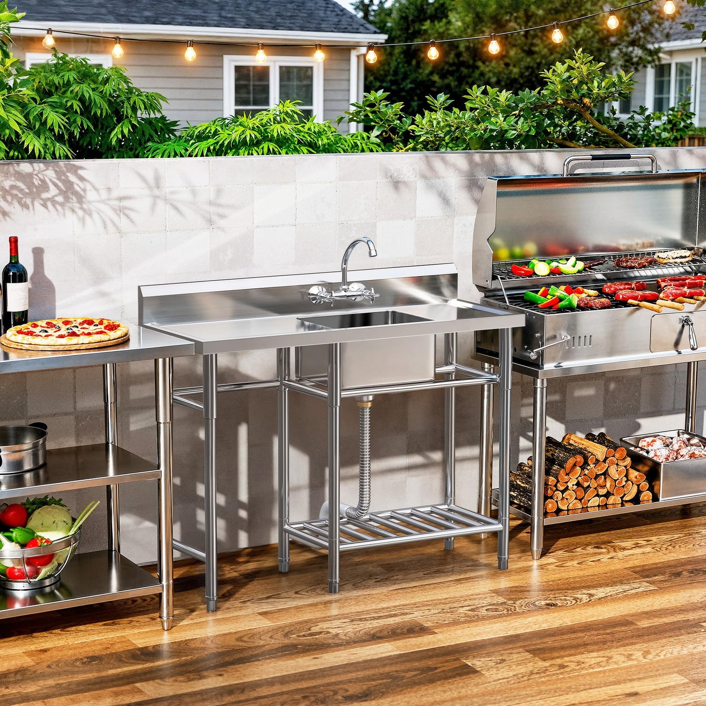 DWVO Stainless Steel Utility Sink with Cart Storage Space and Drainboards, 50in Free Standing NSF Commercial Prep Sink W/Storage Shelf for Restaurant, Laundry, Garage,Outdoor