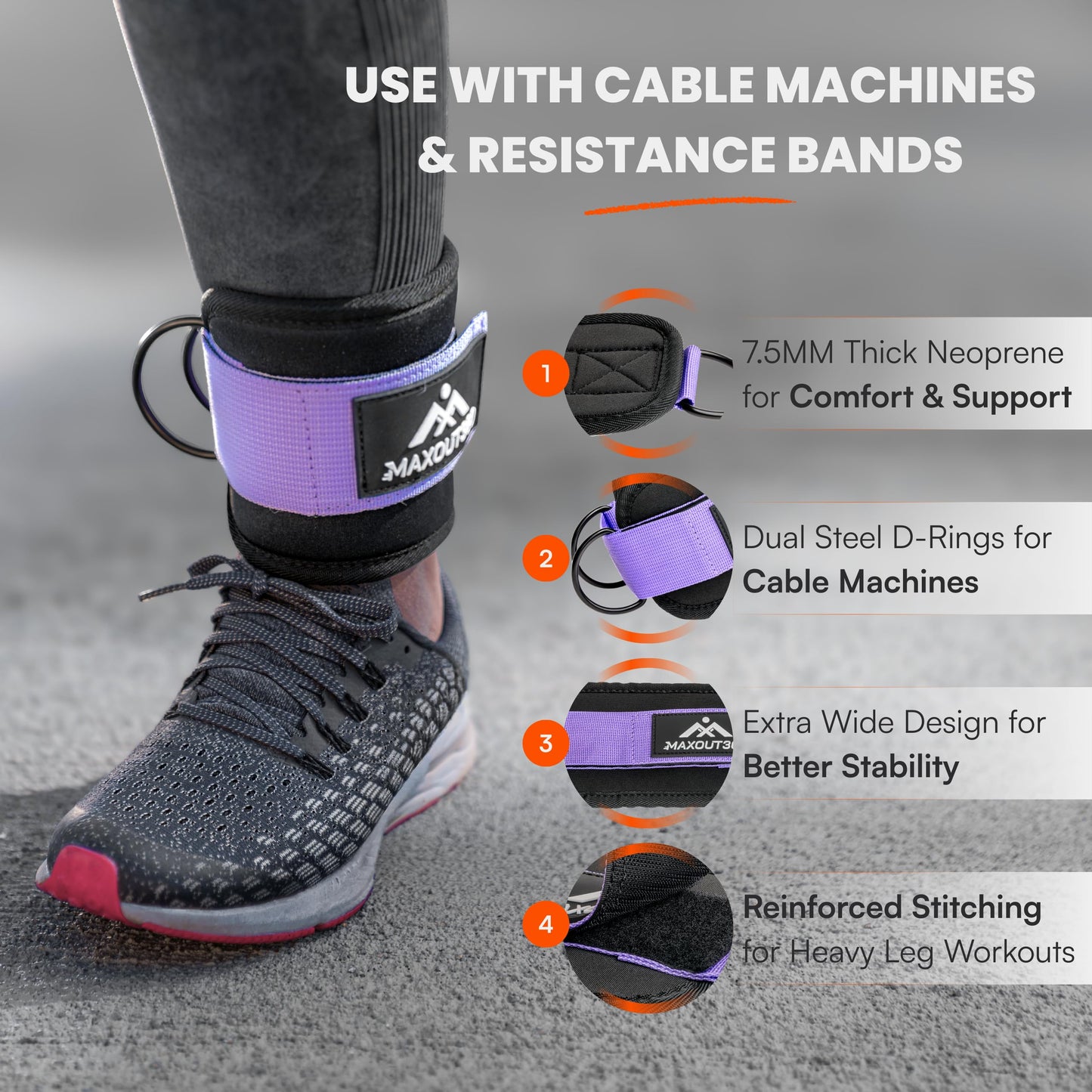 MaxOut360 Gym Ankle Straps for Cable Machines, Thick Padded Ankle Cuff Cable Attachment for Booty Workouts, Kickbacks, Hip Abductors, Lower Body Exercises, Purple Pair
