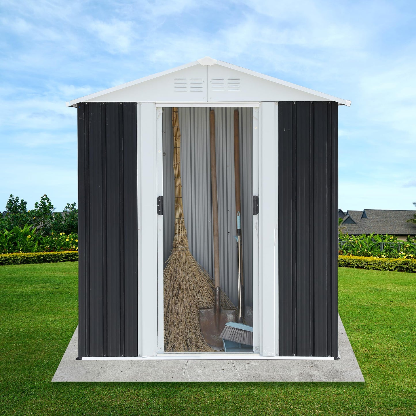 KEIKI 5x3FT Outdoor Storage Shed, Heavy-Duty Metal Storage Shed with Floor & Lockable Sliding Doors, Waterproof Tool Sheds for Garden, Backyard, Patio, Lawn