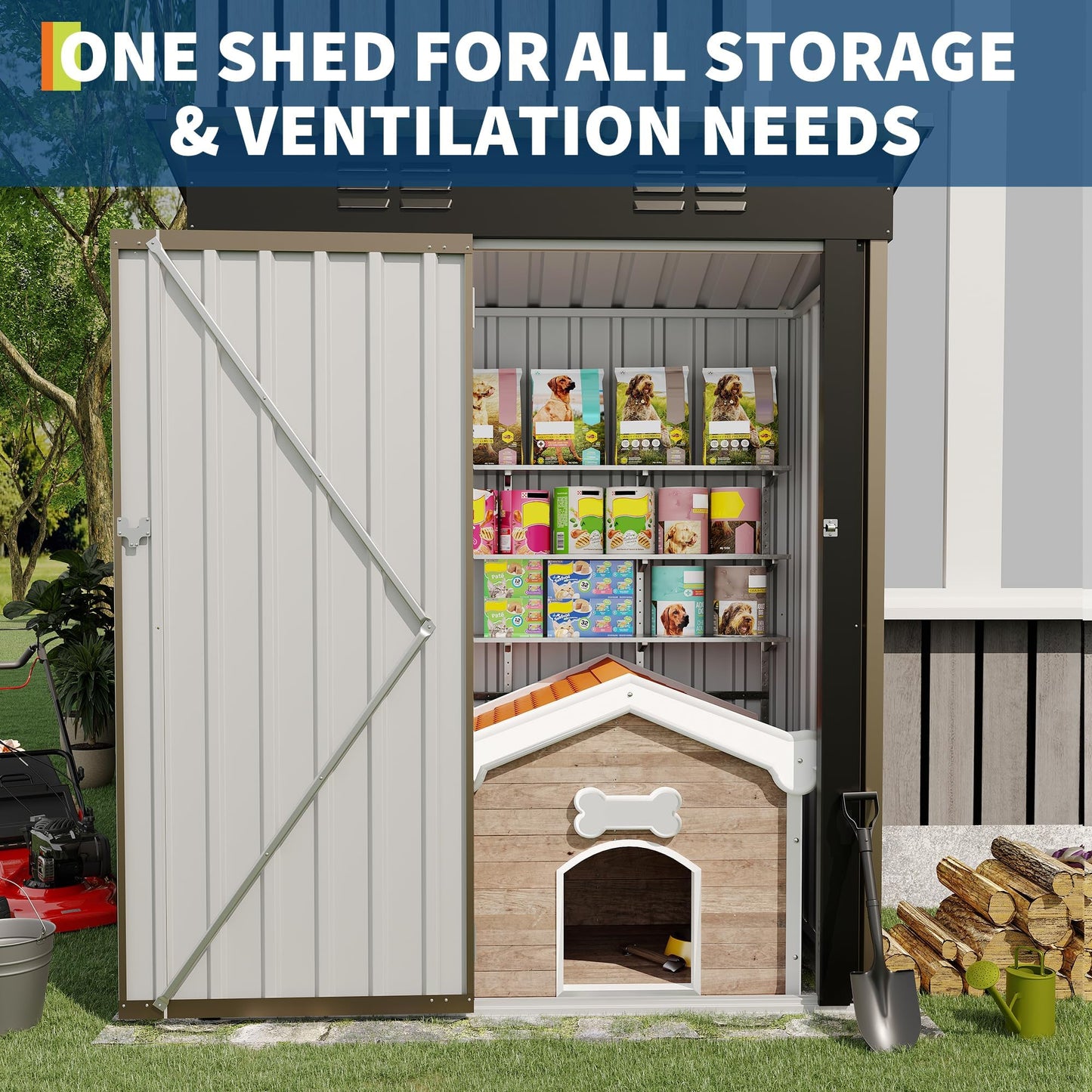 5x3FT Metal Storage Shed with Sloped Roof, Lockable Doors, Solar Light, Windows, and Vents, Outdoor Storage Sheds for Garden, Backyard, Patio Tools and Equipment