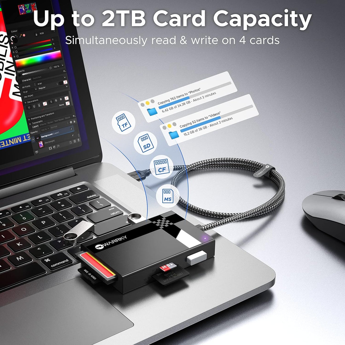 Warrky 7 1, USB3.0/USB 2.5FT 17, SD Card Reader in [Dual Connector C, Nylon Cable] Memory Camera Card Adapter Hub