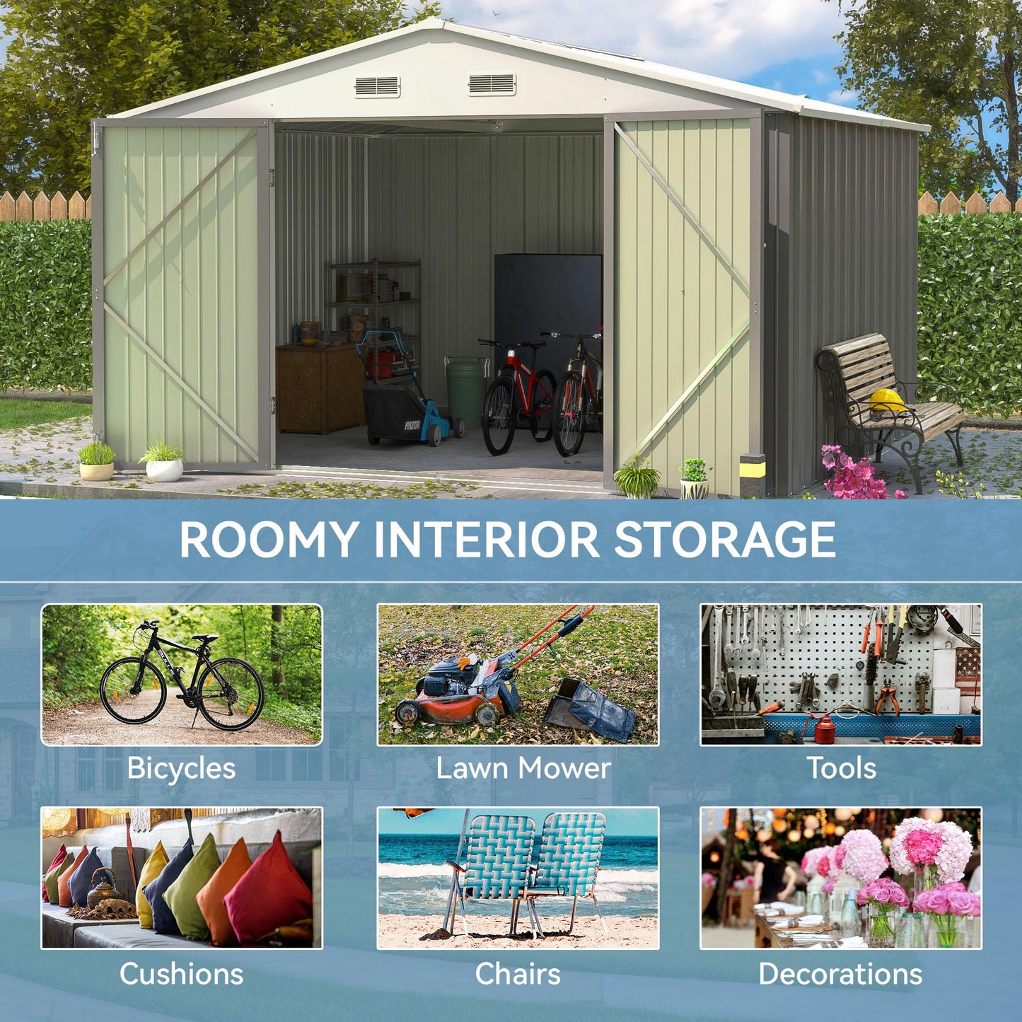 Patiowell 10x8 FT Storage Shed, Outdoor Metal Sheds with Lockable Door and Sloping Roof, Waterproof Outside Large Garden Tool Shed with Breathable Vents for Patio Lawn Backyard, Gray