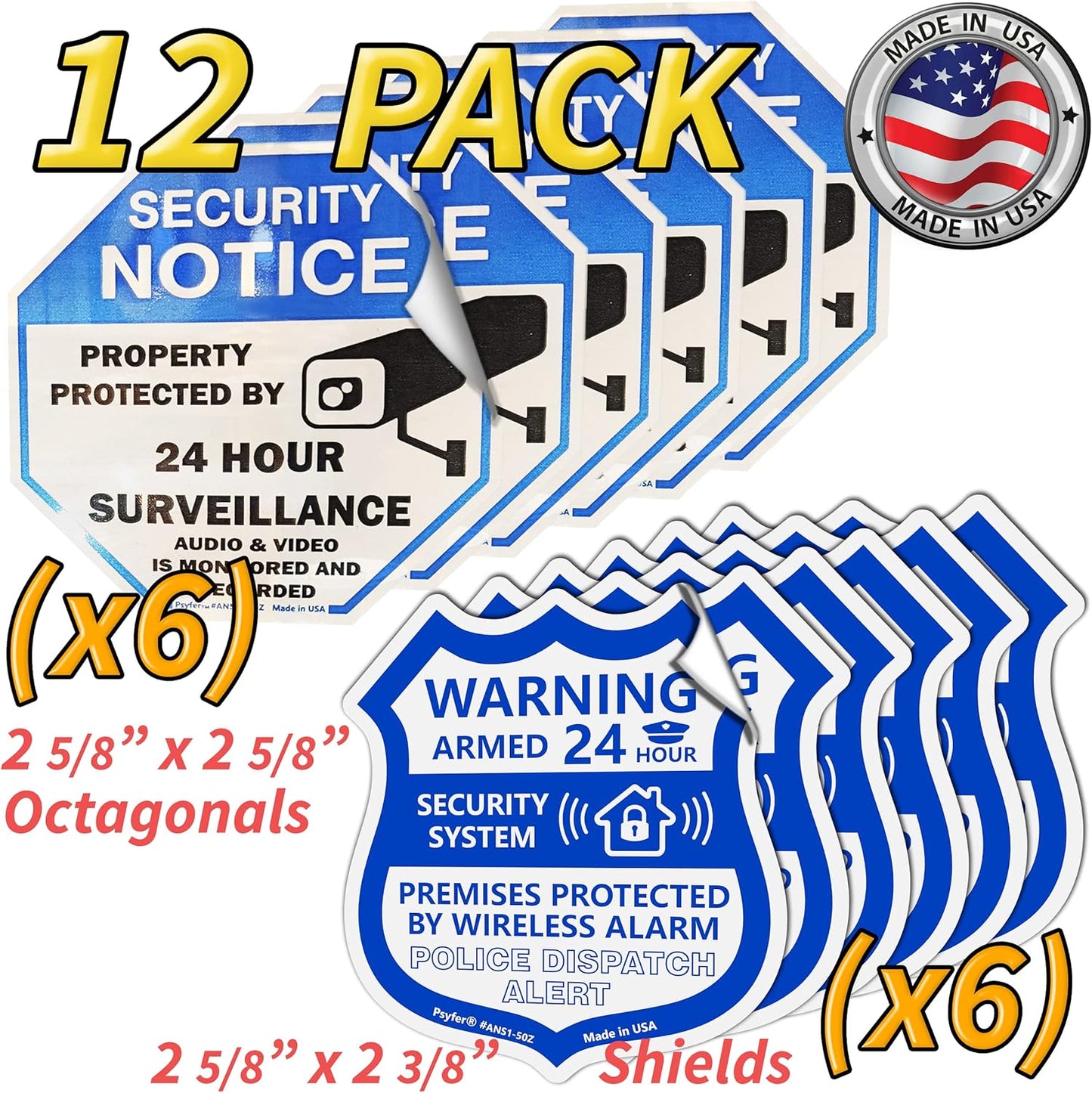 12 Pack Psyfer (Fade-Free) - Security & Alarm UV Stickers [Made in USA]