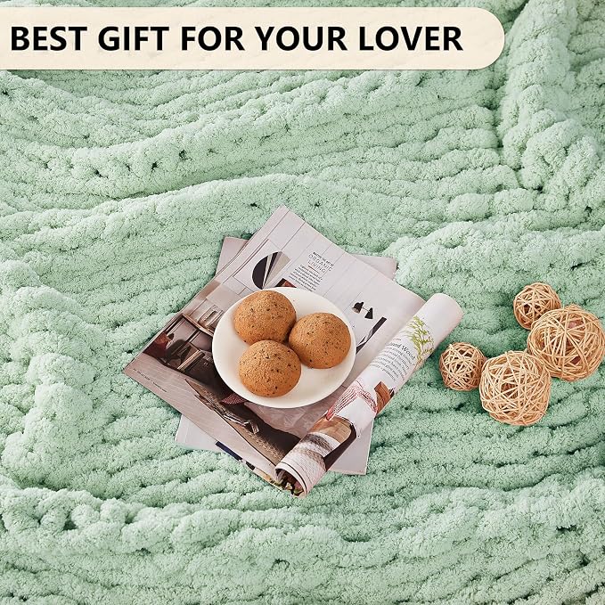 L'AGRATY Chunky Knit Blanket Throw: 60''x80'' Chenille Chunky Knitted Throw Blanket for Bed Couch - Handmade Thick Big Cable Knit Blanket - Large Crochet Rope Blankets for Home Decor(Milky Green)