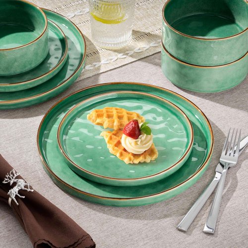 Herogo 18 Pieces Dinnerware Sets, Serving Plates and Bowls Sets for 6, Stoneware Dishes for Dinner, Salad, Cereal, Dishwasher & Microwave Safe, Gemstone Green