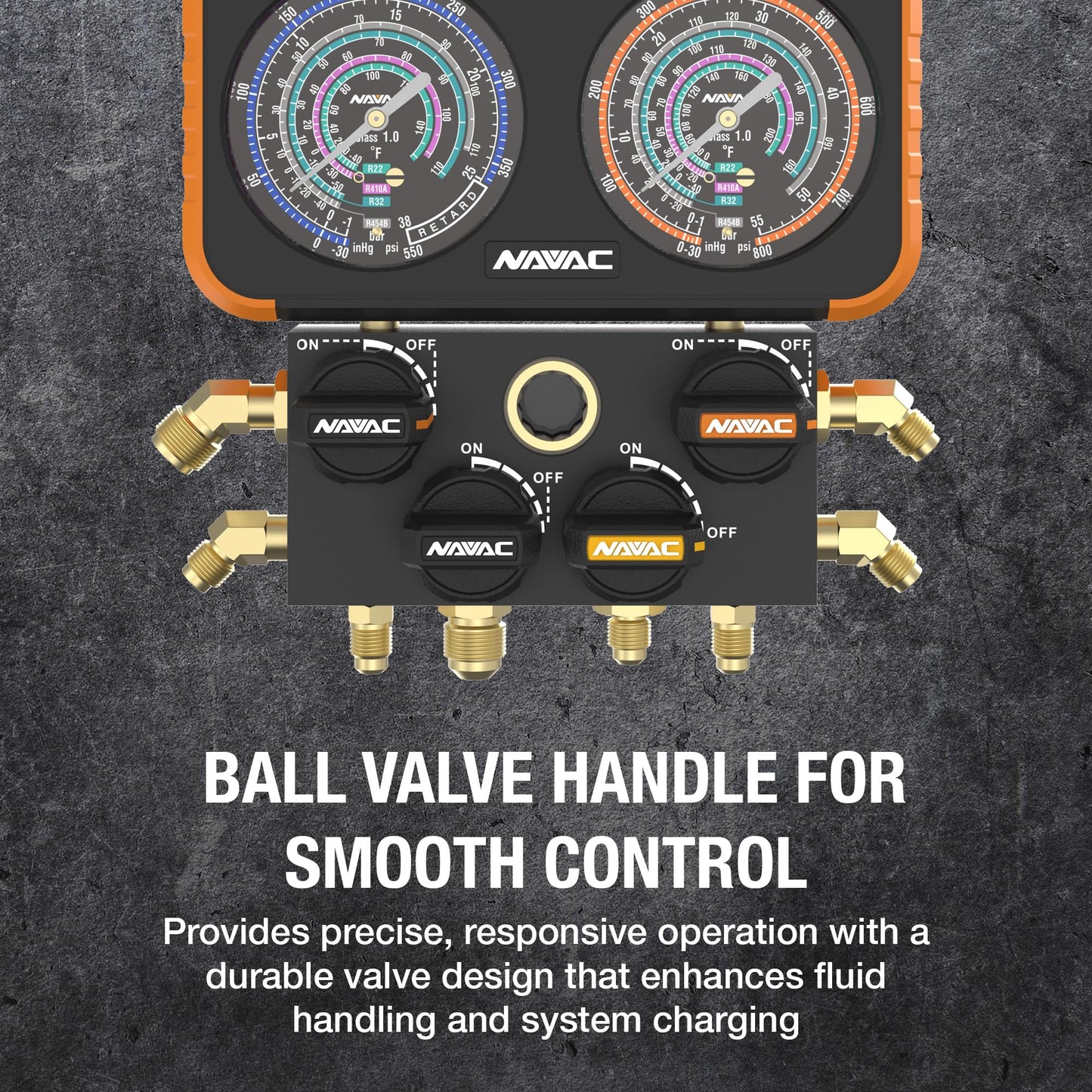 NAVAC N4A4H Manifold Gauge | Class 1.0 Accuracy | Impact-Resistant HVAC Gauge | Aluminum Body and Rubber Cover | Easy-to-Read Analog Display | 4 Valves | with Hoses | 1 Year Warranty