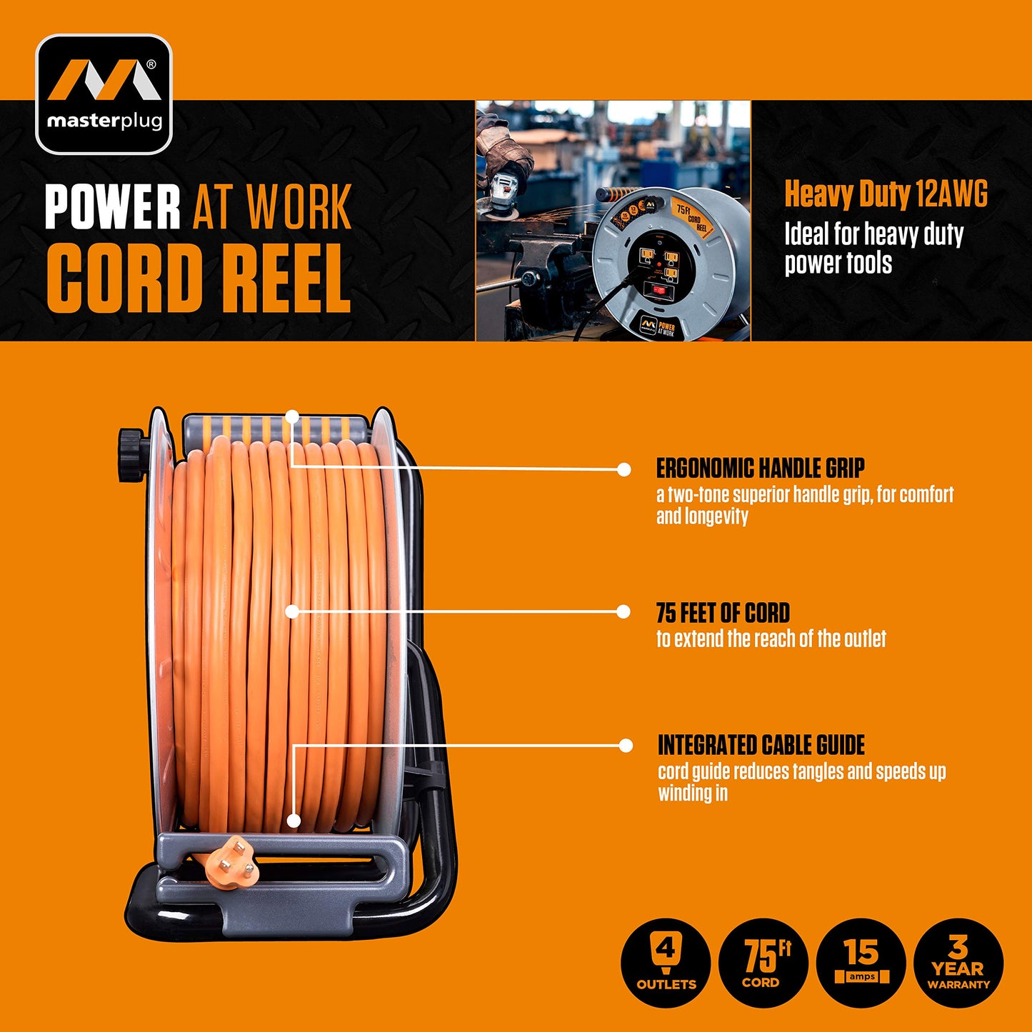 Masterplug Metal Steel Drum with Four Powered Outlets, Open Cord Reel Extension Cord with Winding Handle, Overload Circuit Breaker and Power Switch, 75 Feet 12AWG, High Visibility Cord