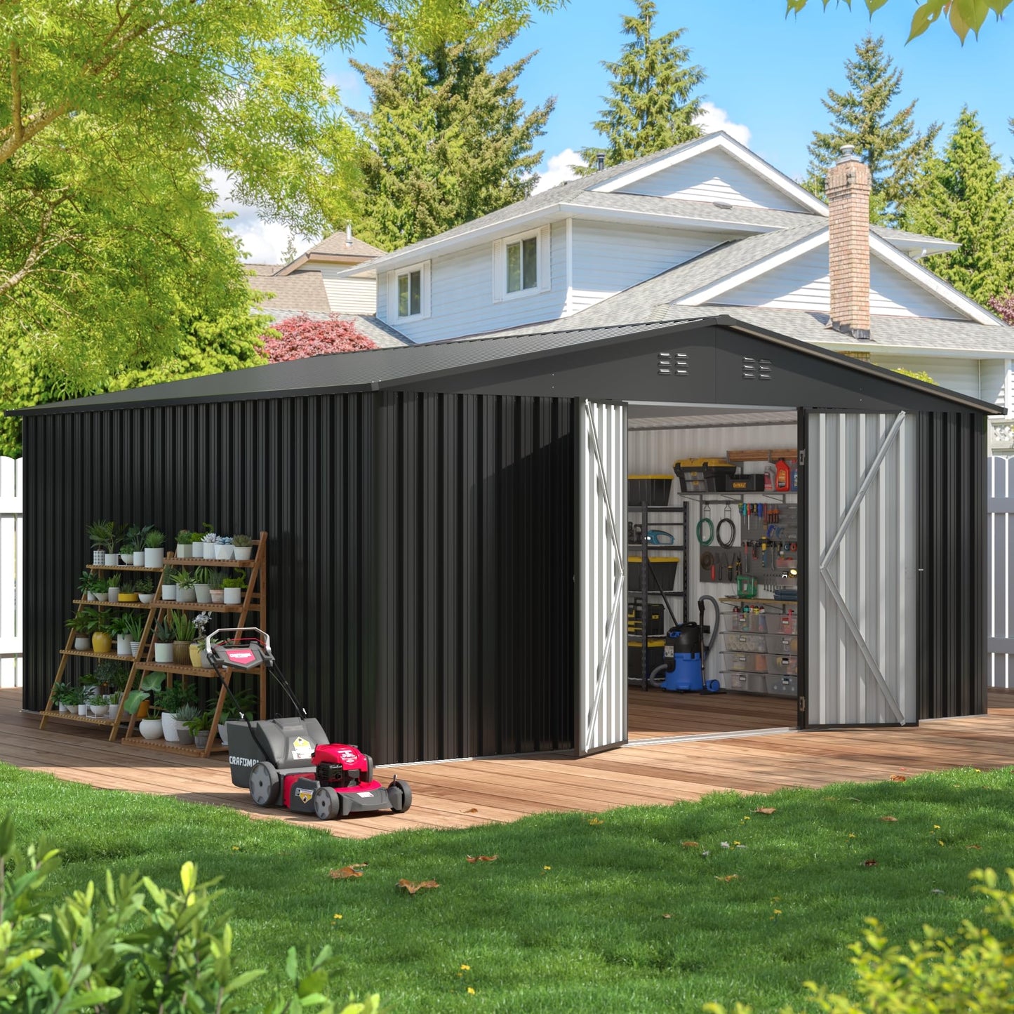 EASYHAWK 14x12 FT Outdoor Storage Shed, Metal Garden Shed with Lockable Door & Sloped Roof, Large Waterproof Utility Tool Shed for Backyard, Garden, Patio, Lawn, Black