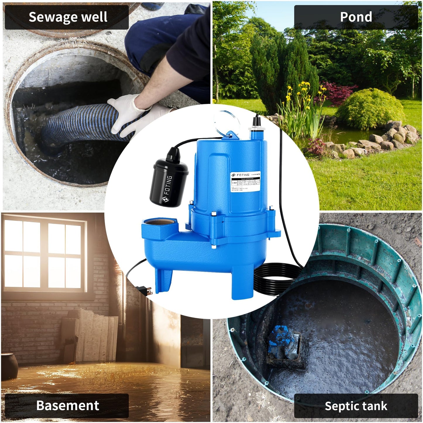 FOTING 1.5HP 9000GPH Sump Pump Submersible Sewage/Effluent Pump - Heavy Duty Cast Iron Automatic/Manual- Septic Pump for Sump Basin/Residential/Sewage/Basement,Sewage Pumps 2'' NPT Discharge,Blue