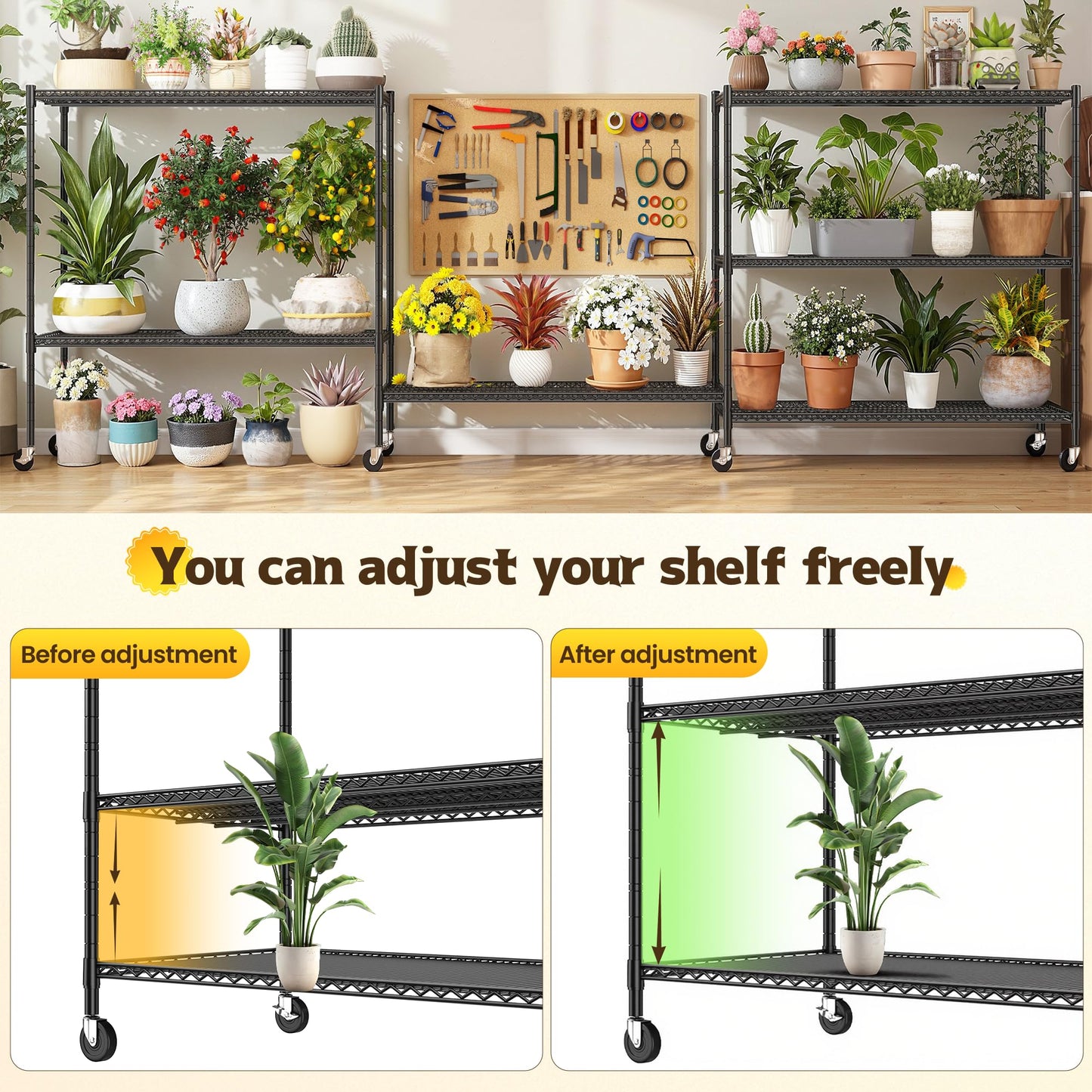 DurayLoly 1500LBS Heavy Duty Wire Shelving Unit, 3-Tier Adjustable Metal Storage Shelves with Lockable Wheels, 59.06"W x 23.62"D x 59.65"H, Garage Shelving Rack for Kitchen, Pantry, Warehouse, Black