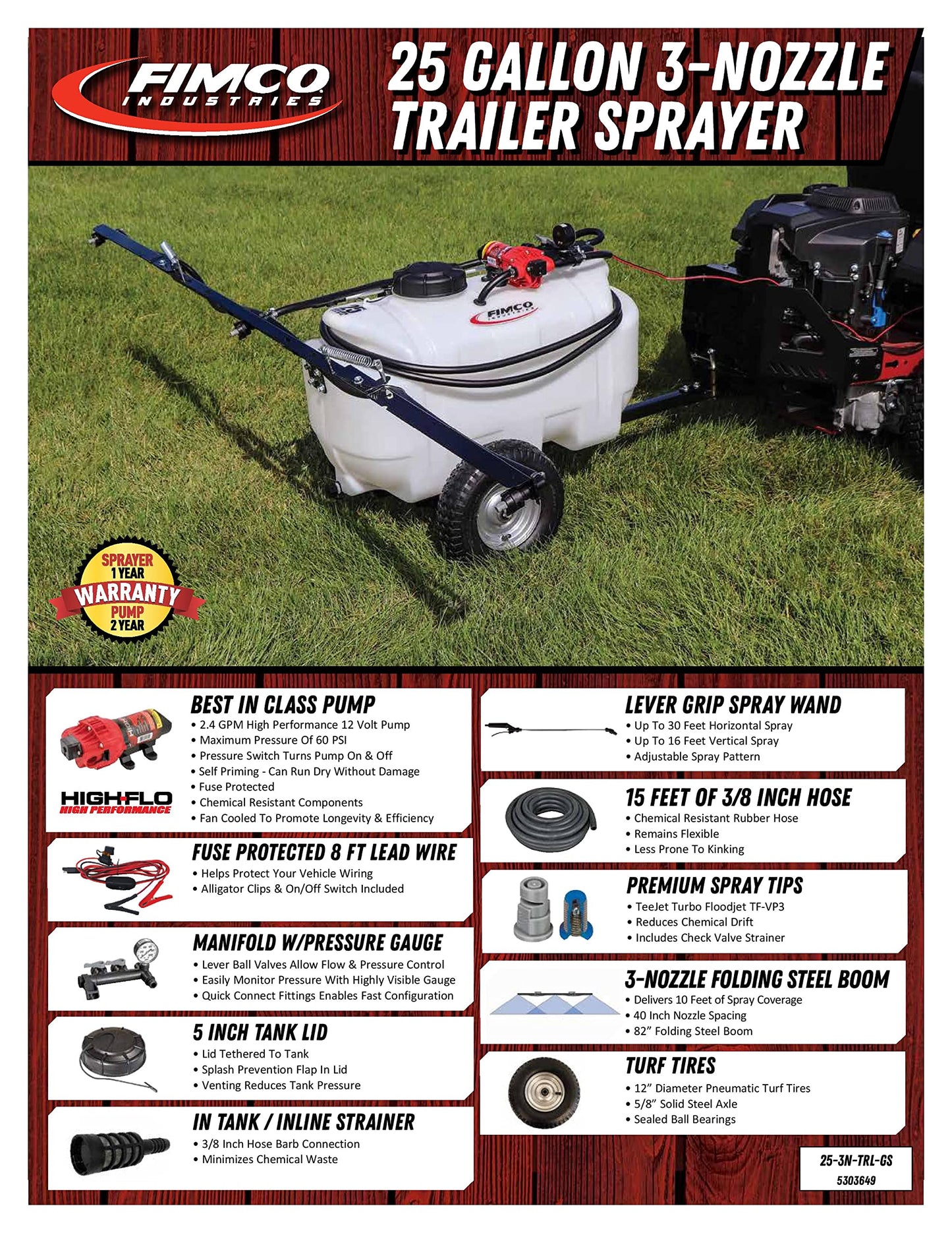 FIMCO 5303649 25-Gallon Trailer Sprayer, 2.4 GPM Pump, 3-Nozzle Boom, Durable, High-Pressure Lawn & Garden Sprayer, DU-Most Hand Scrub & Cleaner, 4 oz