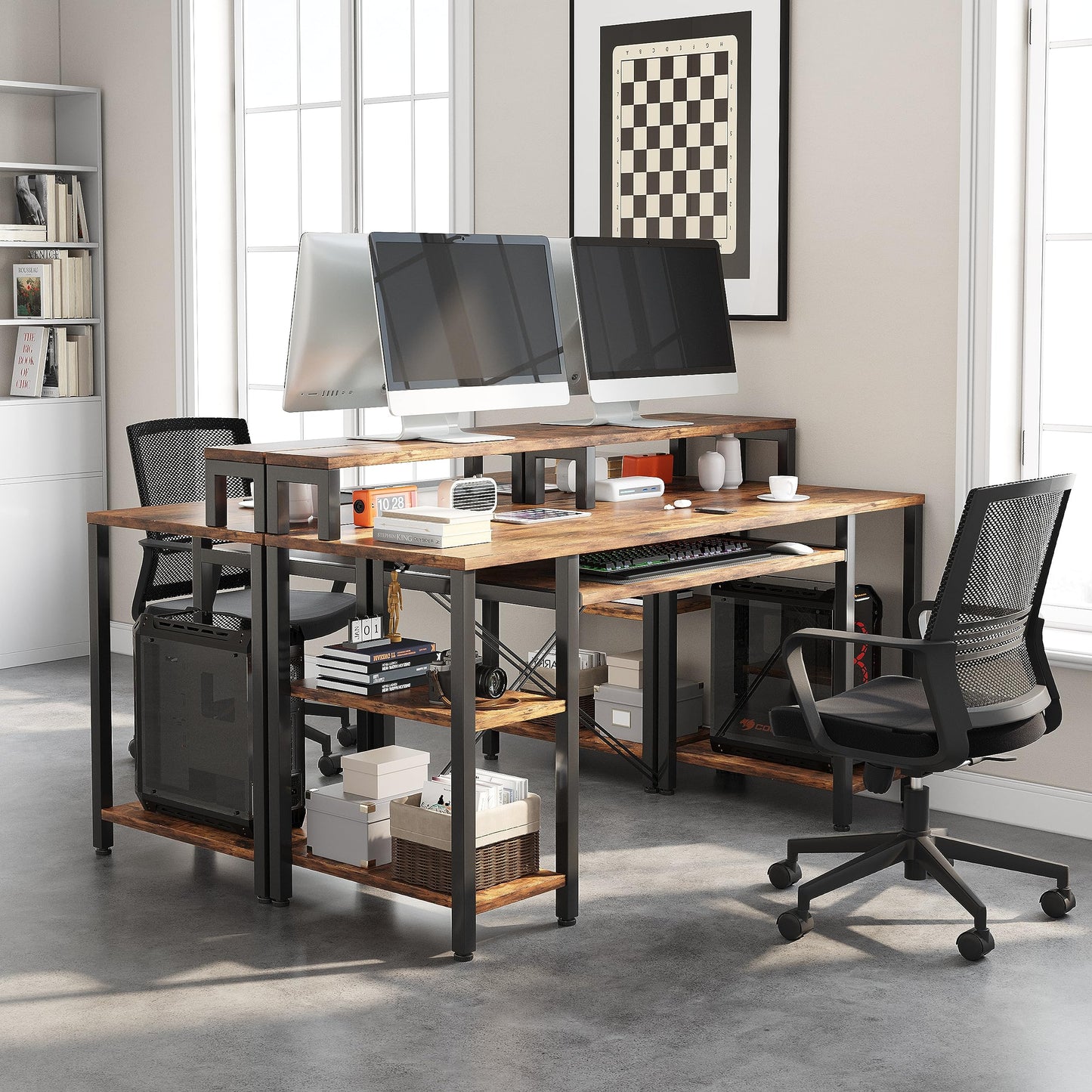 VERMESS 48Inch Computer Desk, Home Office Desks with Keyboard Tray, Gaming Desk with CPU Stand Shelf,Industrial Study Table Wide Writing Desk with Storage Shelves for 2 Monitors, Rustic Brown