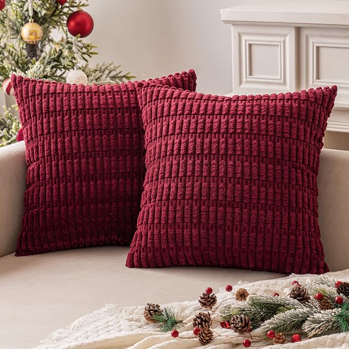 MIULEE Pack of 2 Burgundy Corduroy Decorative Pillow Covers 18x18 Inch Soft Boho Striped Throw Pillow Covers Modern Farmhouse Home Decor for Sofa Living Room Couch Bed