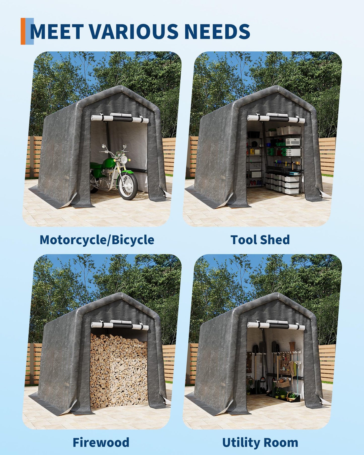 GarveeLife Outdoor Portable Storage Shed with Roll-Up Door & Vent, 240G Heavy-Duty Shelter Waterproof PE Tarp, UV-Resistant Storage Sheds for Motorcycle, Firewood, Garden and Tools (Gray, 6'x8')