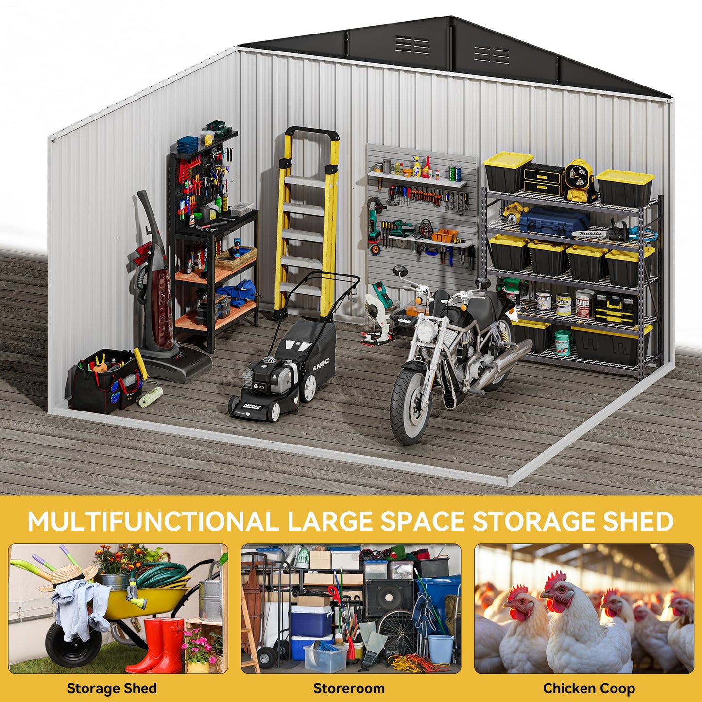 DWVO 10x8ft Outdoor Storage Shed, Large Metal Tool Sheds, Heavy Duty Storage House with Lockable Doors & Air Vent for Backyard Patio Lawn to Store Bikes, Tools, Lawnmowers, Dark Gray