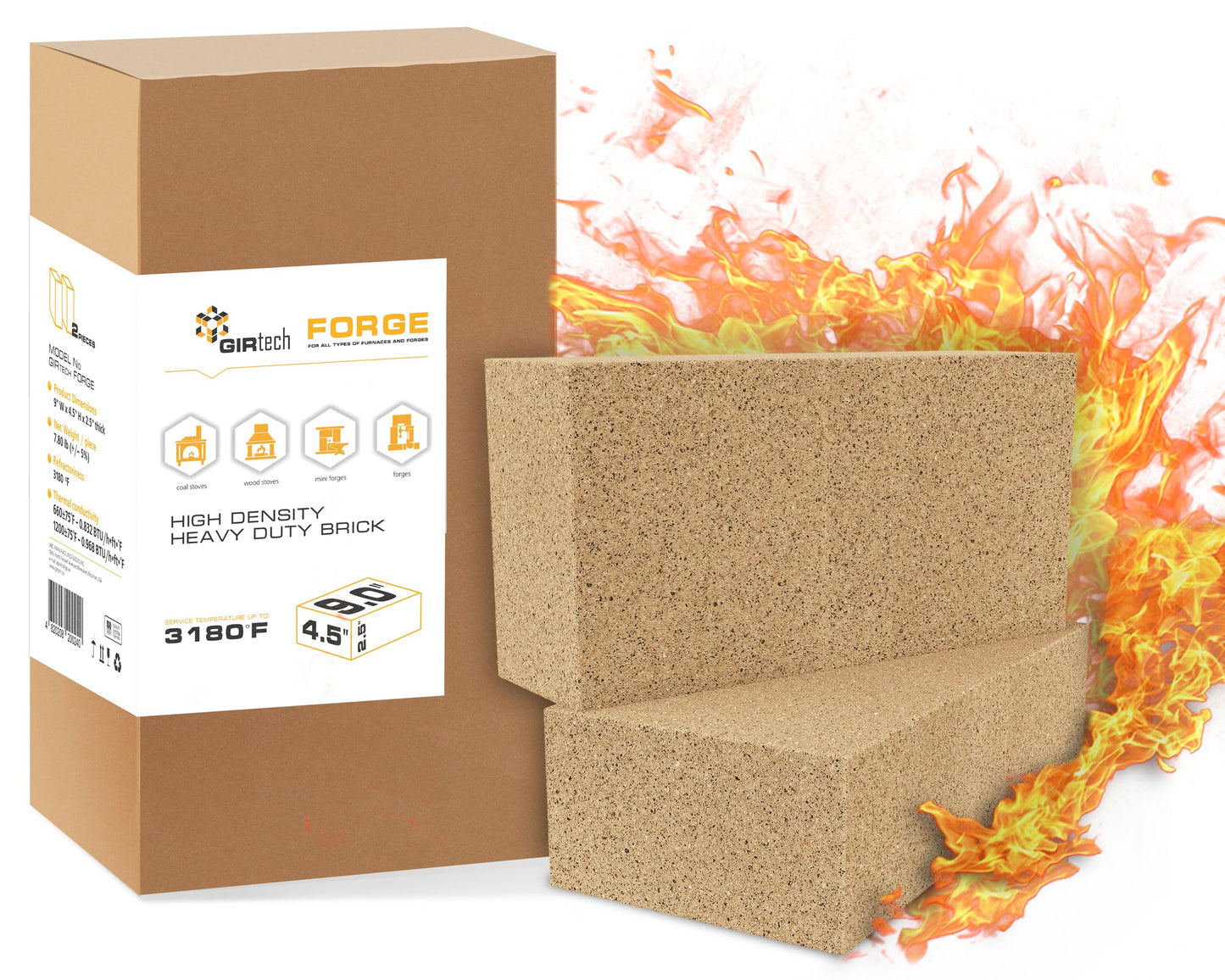 GIRtech Heavy Duty Refractory Fire Bricks for Forge 3200F - Pack of 2 Extra High Temperature Insulated | Fire Brick for Masonry, Insulating Kiln, Fire Pit, Wood Stove, Oven, Grill, Melting Metals