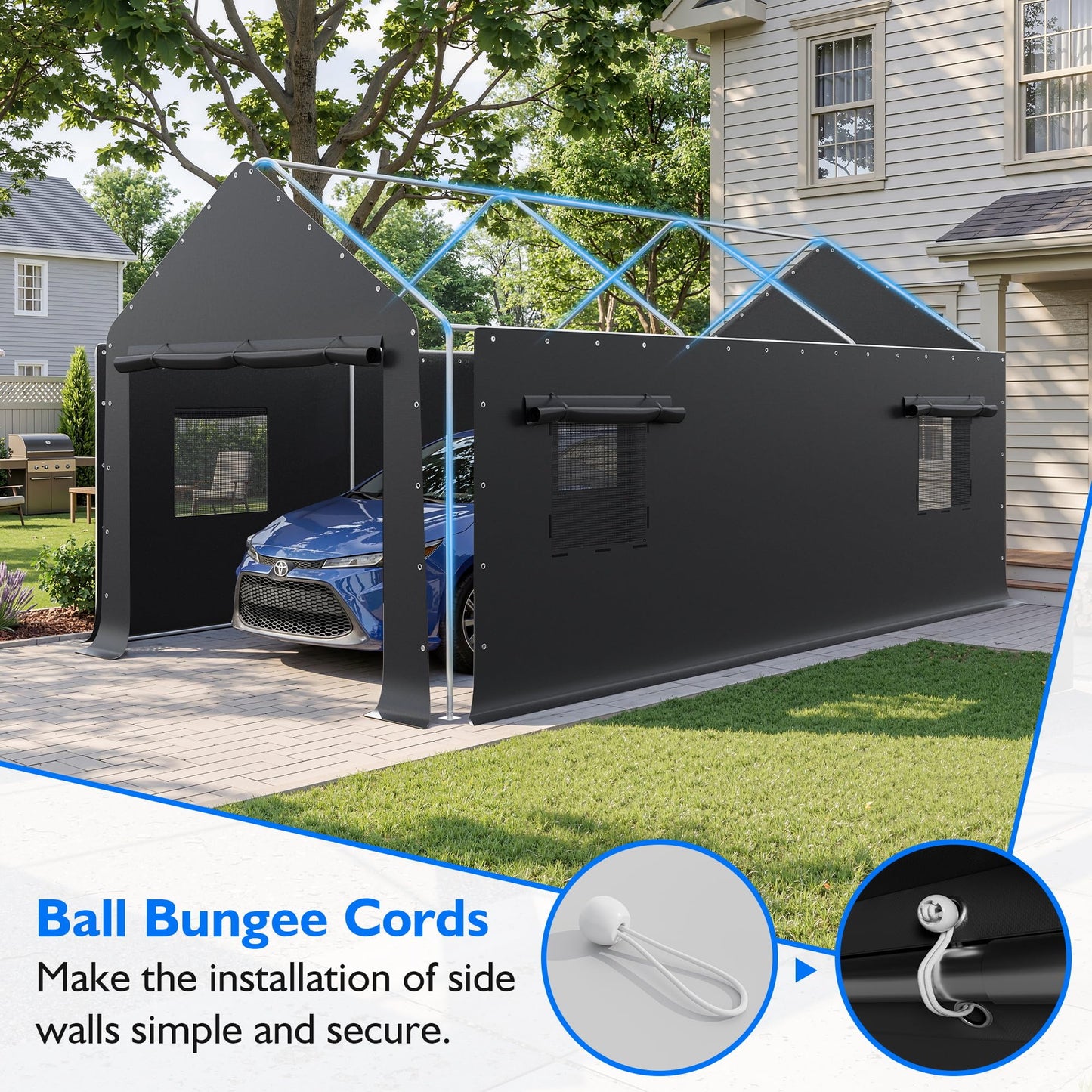 AirWire 12x20 FT Heavy Duty Carport, Portable Car Tent Garage with Roll-Up Windows & Side-Opening Door, Enclosed Car Port Canopy with Reinforced Four-Hole Base for Car, Truck, Boat