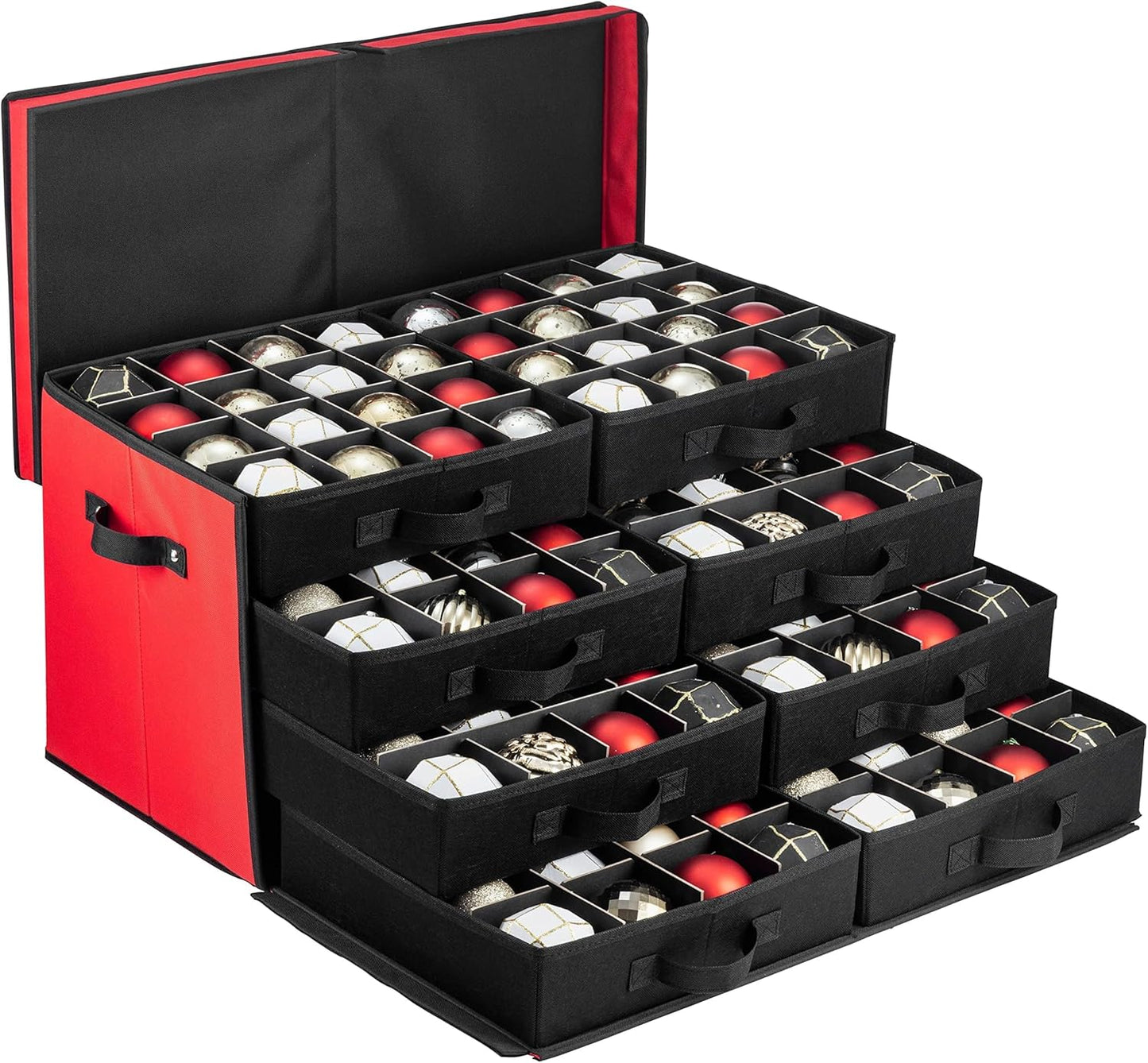 ZOBER Christmas Ornament Storage Box | Holds 128 3" Ornaments - Durable Tear-Proof 600D Oxford Fabric - Red