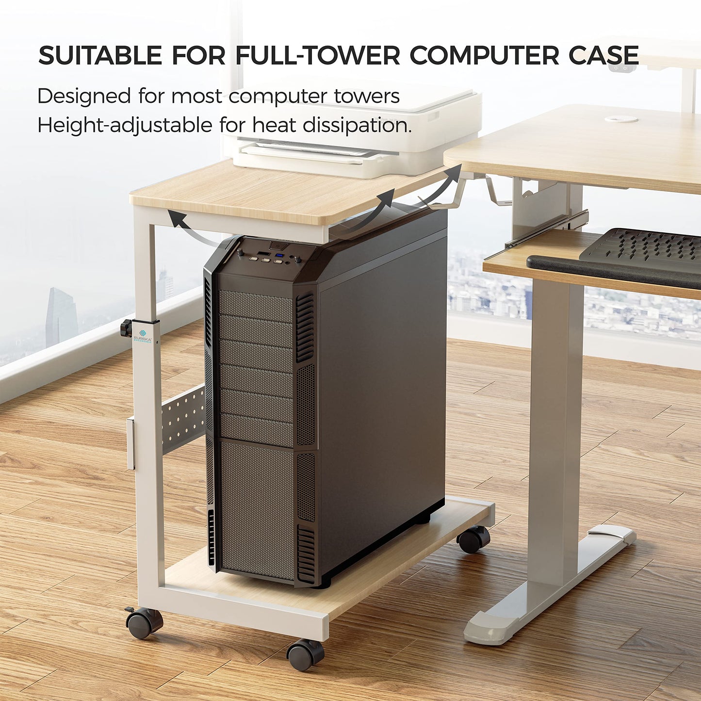 EUREKA ERGONOMIC PC Stand Computer Cart, Height Adjustable Tower Stand 2-Tier Suit for ATX Case Printer, Metal Rolling Cart on Wheels for Gaming Home Office, Maple