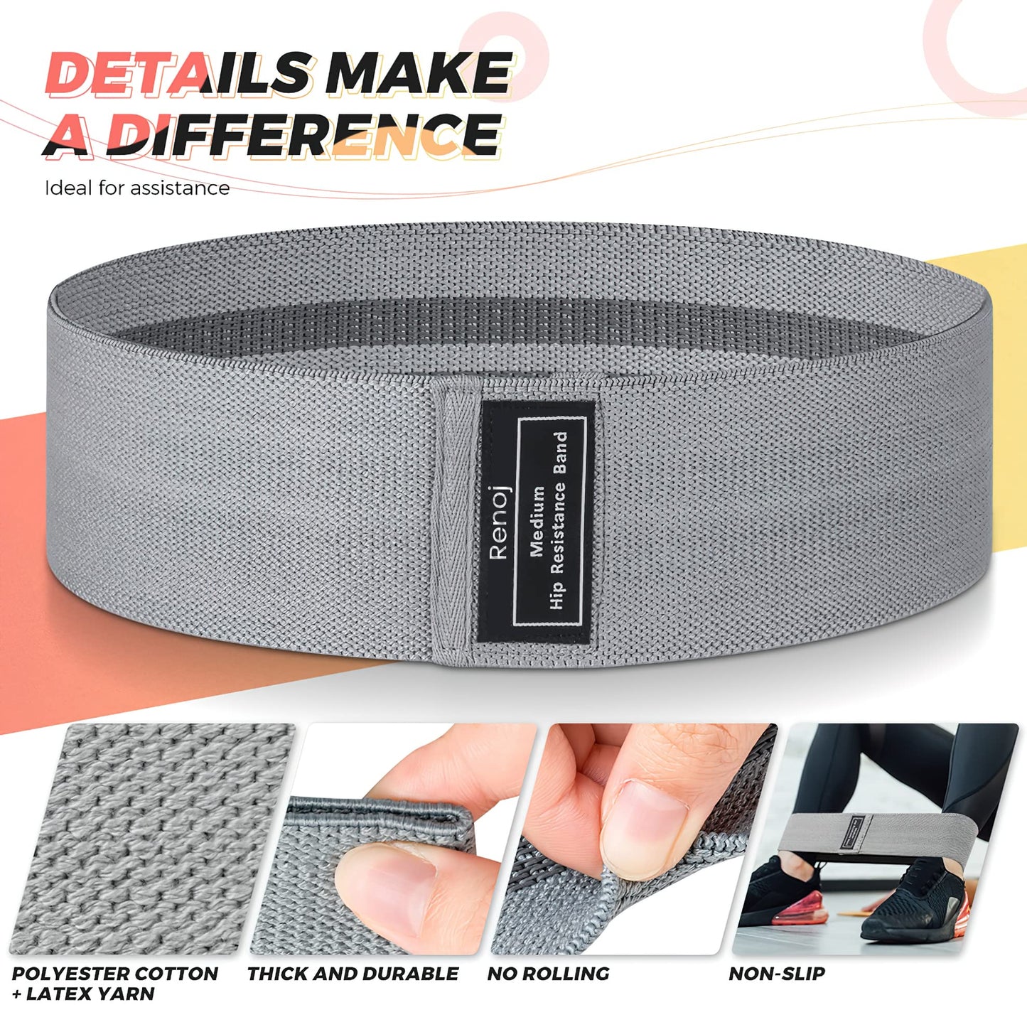 Booty Resistance Bands Set, Renoj Non Slip Hip Exercise Bands for Legs and Butt Women [3 Set]