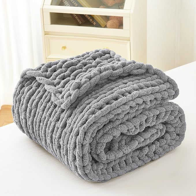 Admitrack Chunky Knit Blanket Throw, 100% Hand Knit Chenille Throw Blanket for Sofa & Home Decor, Soft and Cozy Knitted Throw Blankets (Dark Gray，51"x63")