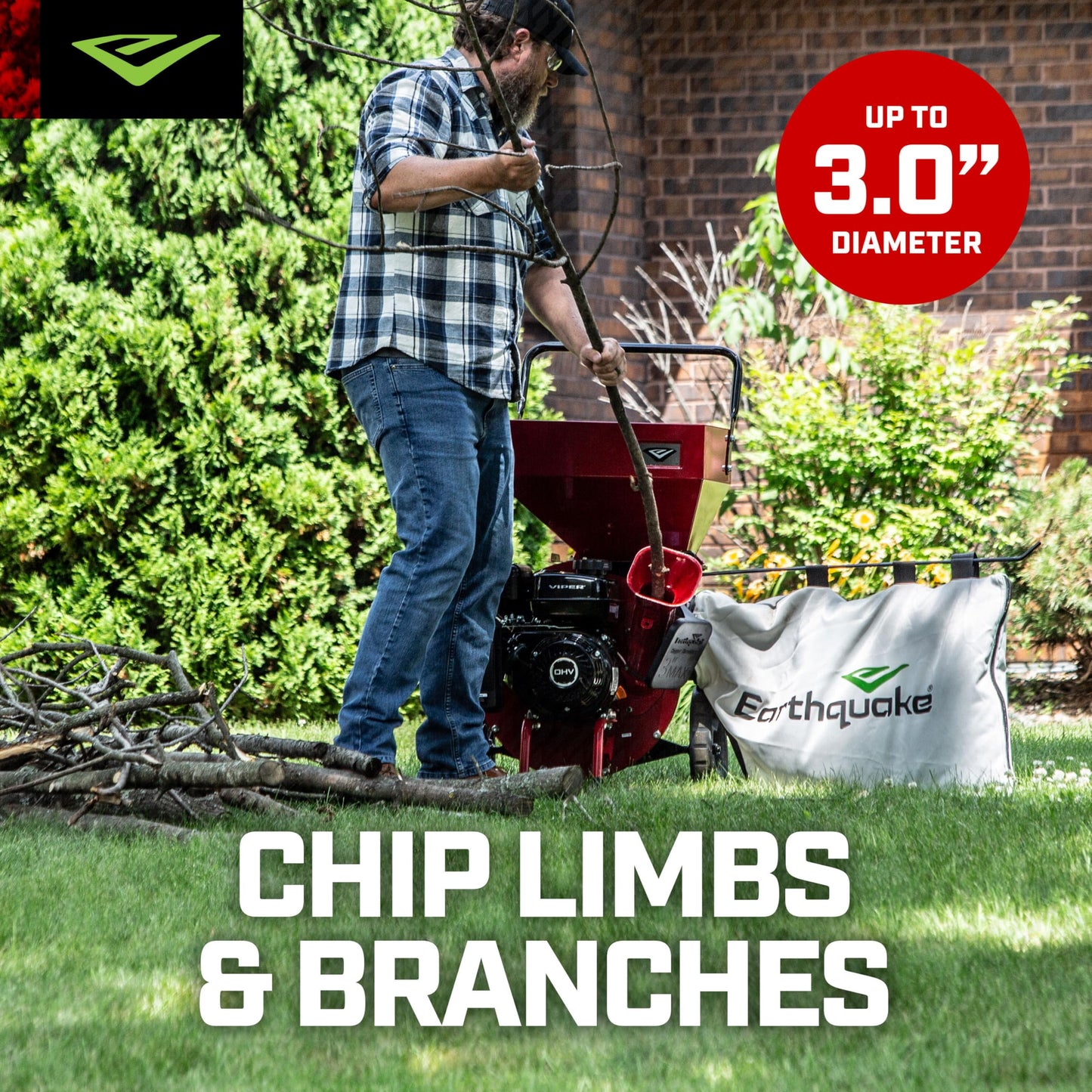 Earthquake 33968 K32 Chipper Shredder, Heavy Duty 212cc 4 Cycle Viper Engine, Chip Branches up to 3” in Diameter, 20:1 Reduction, Airless Wheels, Included Debris Bag, Red