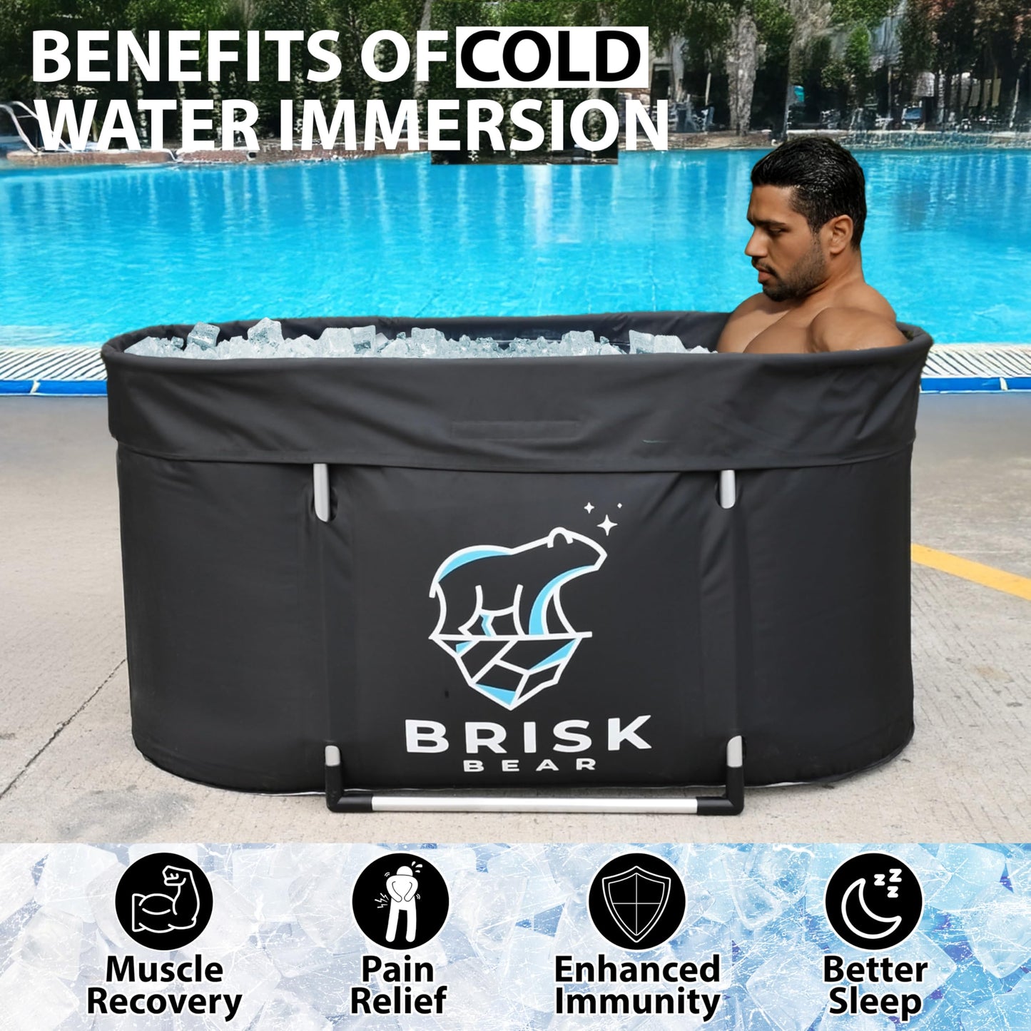XL Oval Ice Bath Tub for Athletes with Cover by Brisk Bear - Extra Large Cold Plunge Tub for Recovery - Ice Tub with Digital Timer, Thermometer & Reusable Ice Molds - Cold Plunge to Soothe Muscles