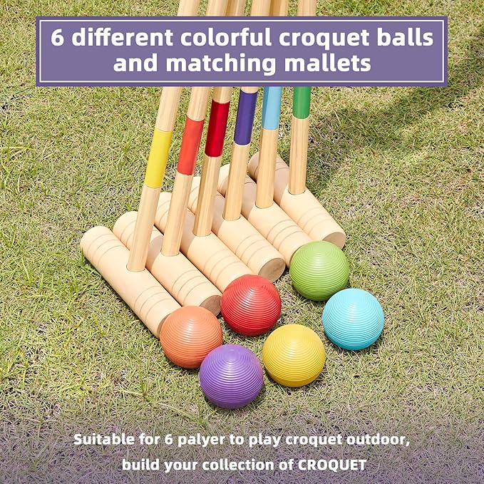 ApudArmis 32In Six Player Croquet Set with Deluxe Premiun Pine Wooden Mallets,Colored Ball,Wickets,Stakes - Lawn Backyard Game Set for Adults/Teens/Family (Large Carry Bag Including)