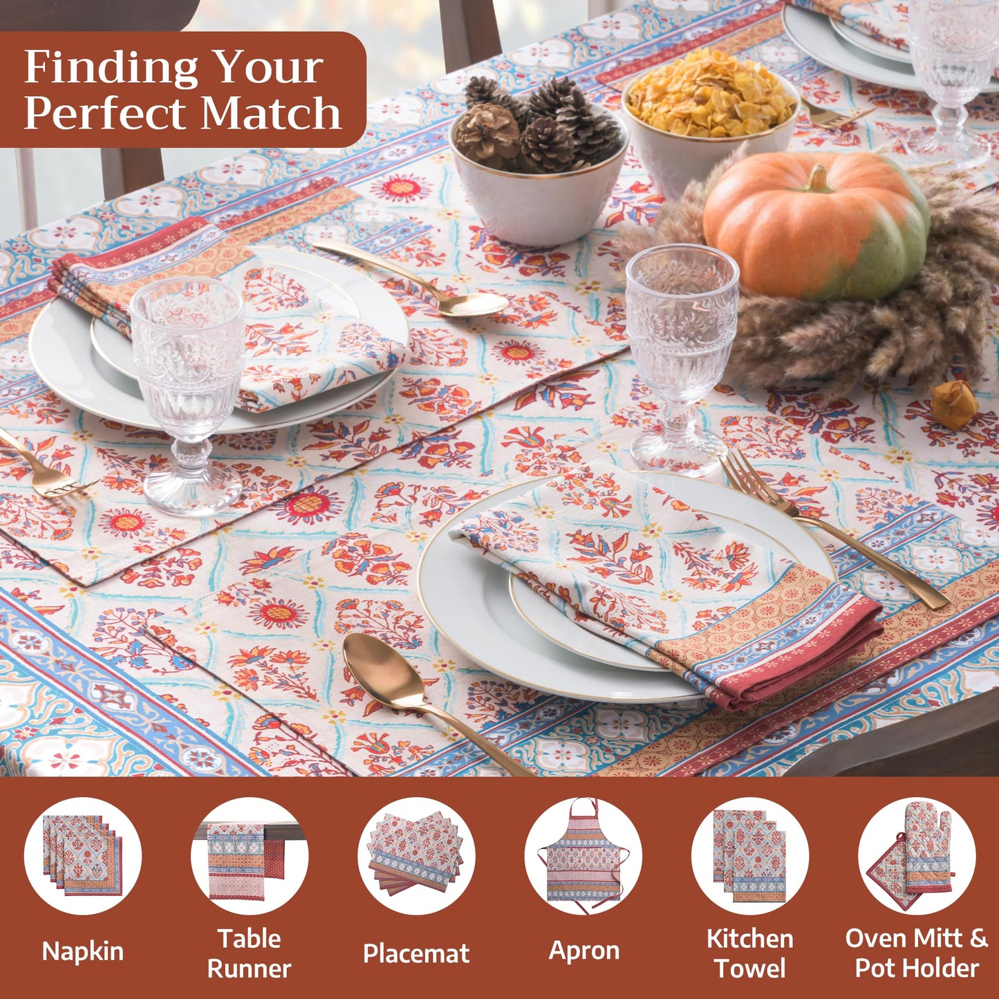 Maison d' Hermine Table Cloth Rectangle Table 100% Cotton 70 x 90 Inches Fall Tablecloth Reusable Everyday Use for Thanksgiving Christmas Decorations Dining Farmhouse Party (Romane)